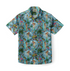 Blue Hawaiian shirt with surfers, palms, pineapples, and flamingos.