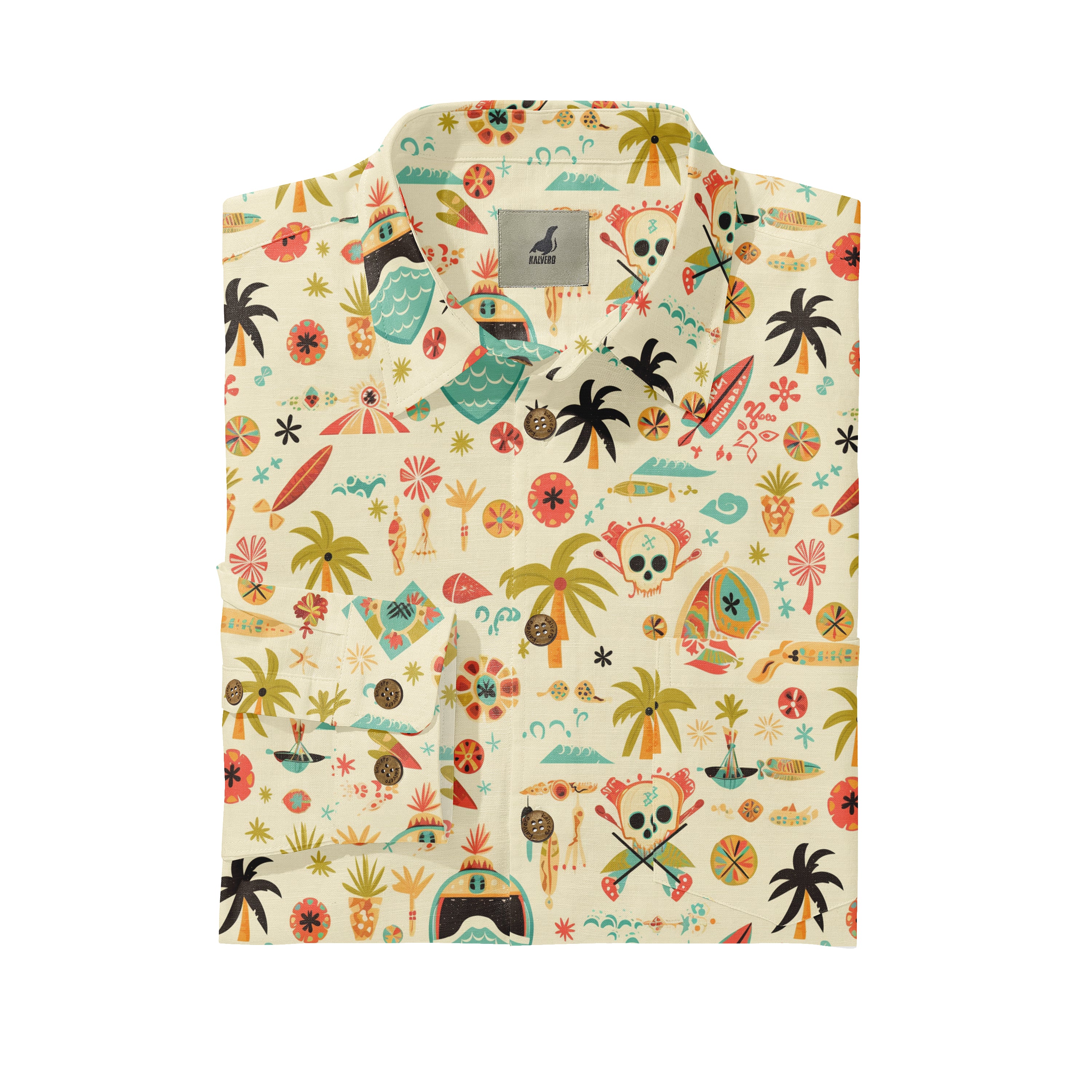 Colorful tropical shirt with palm trees, skulls, boats, and vibrant.