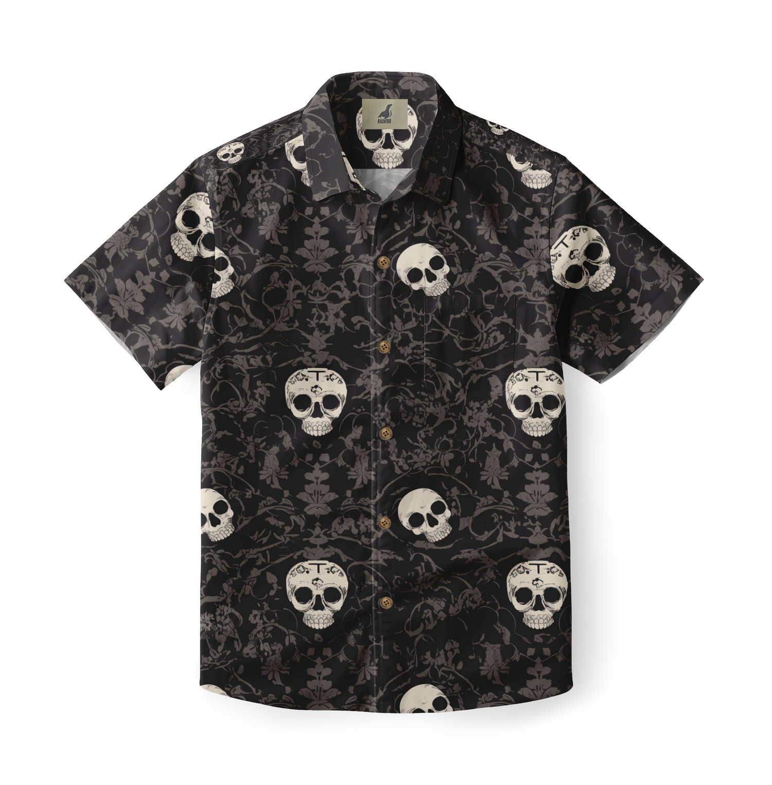 Black short-sleeve shirt with skull and floral pattern, featuring.