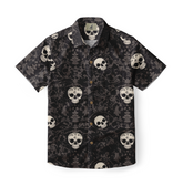 Black short-sleeve shirt with skull and floral pattern, featuring.