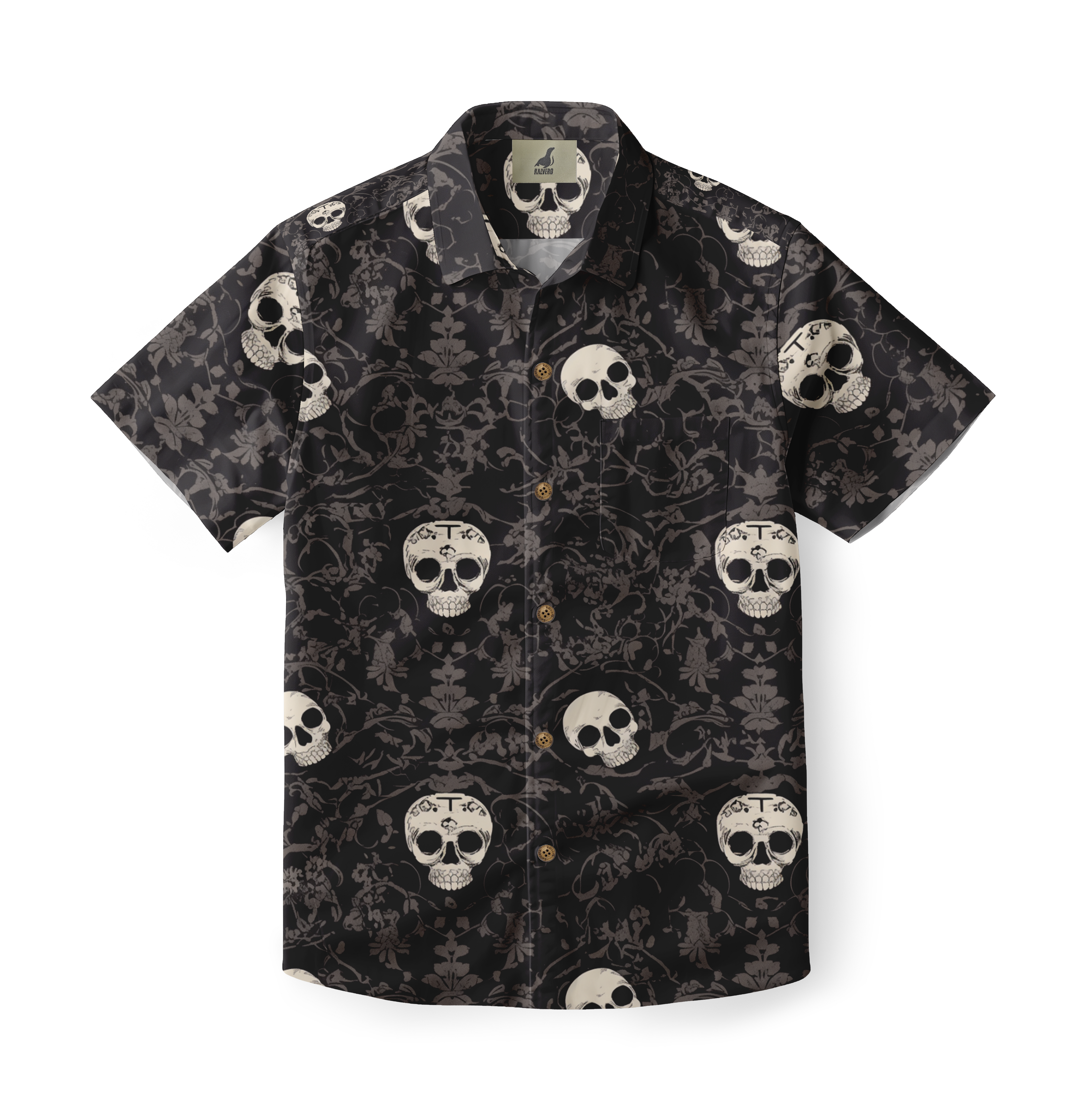 Black short-sleeve shirt with skull and floral pattern, featuring.