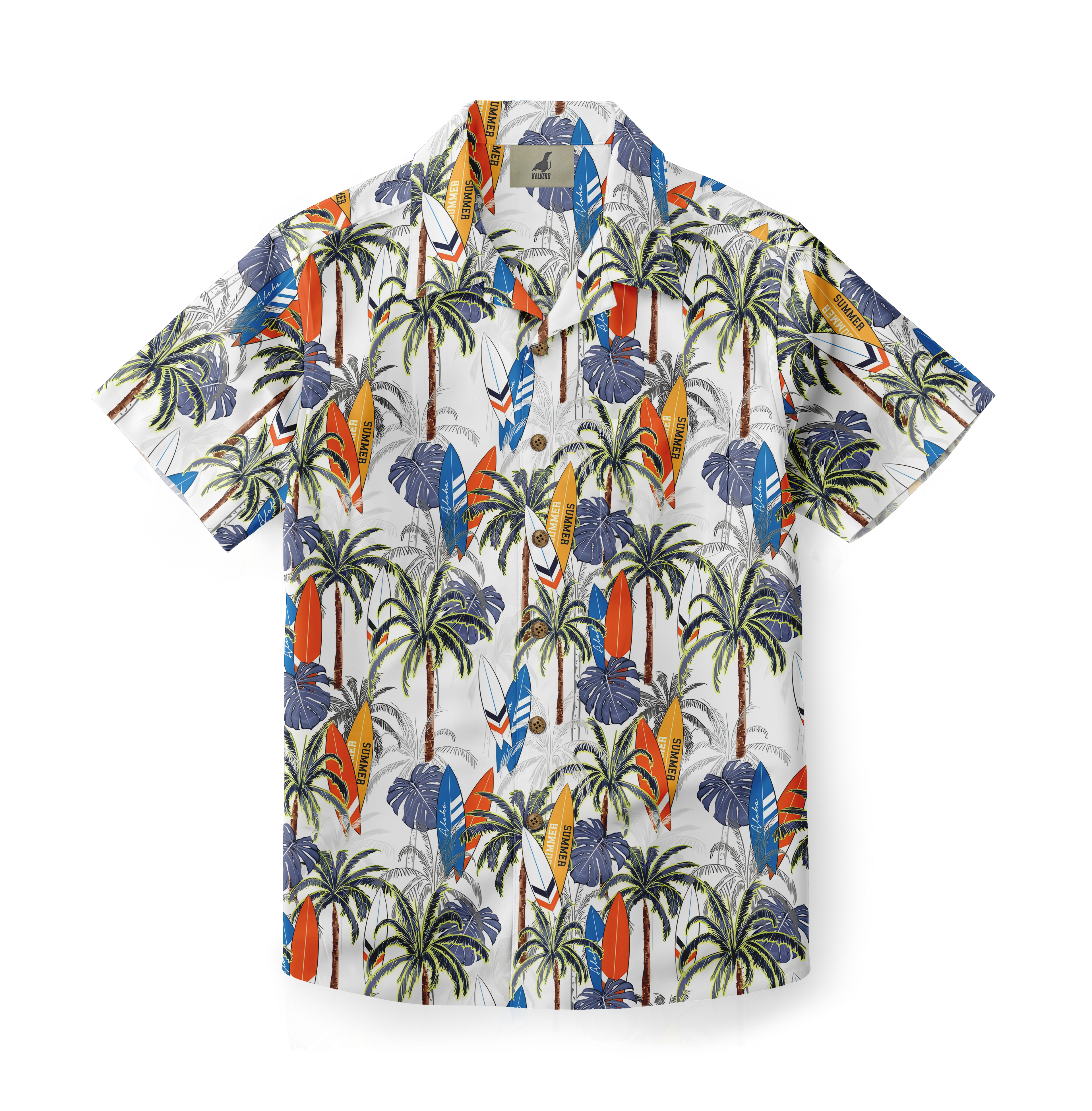 White shirt with palm trees and surfboards pattern.