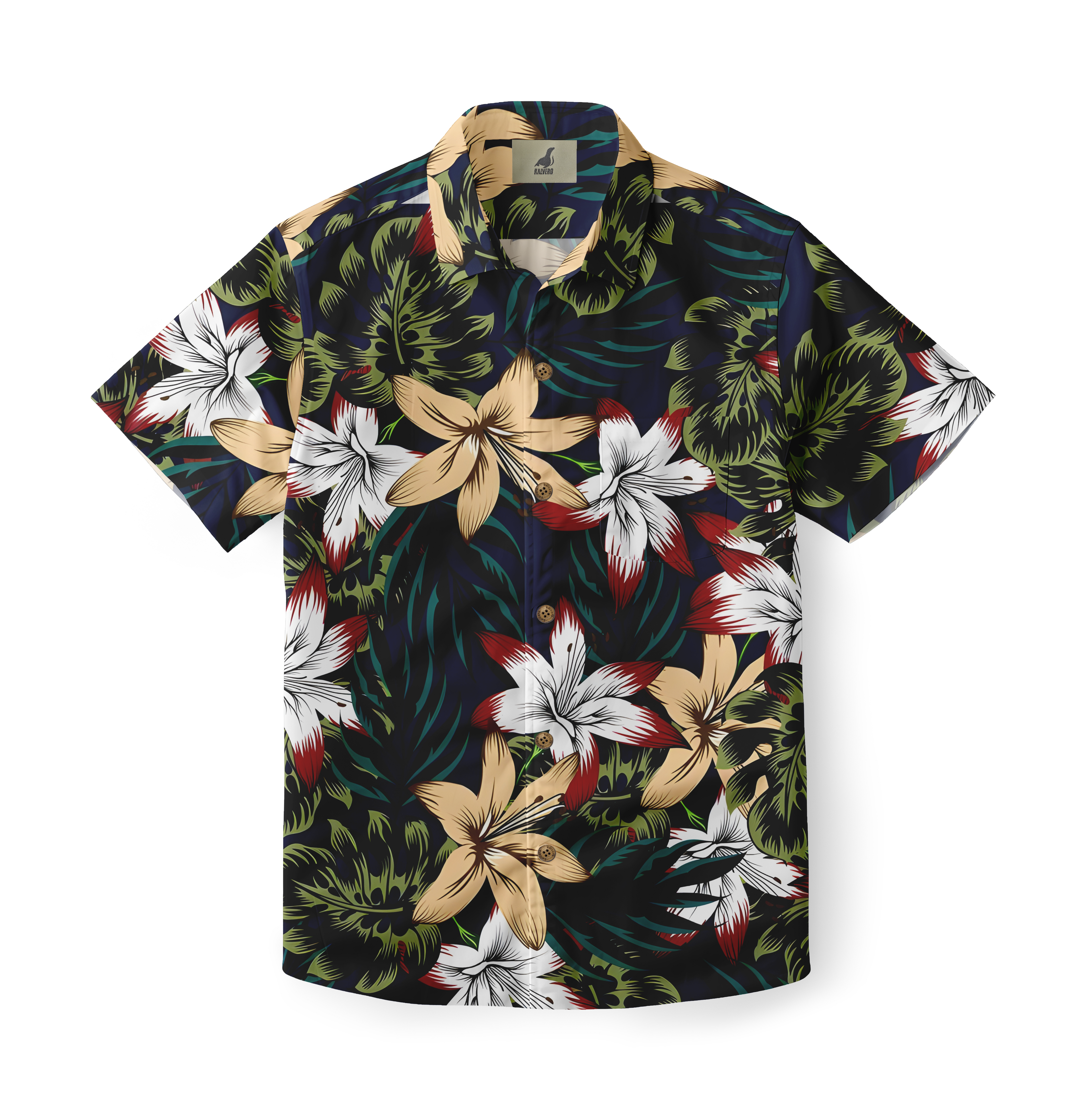 Tropical floral shirt with bold white, red, and gold flowers.