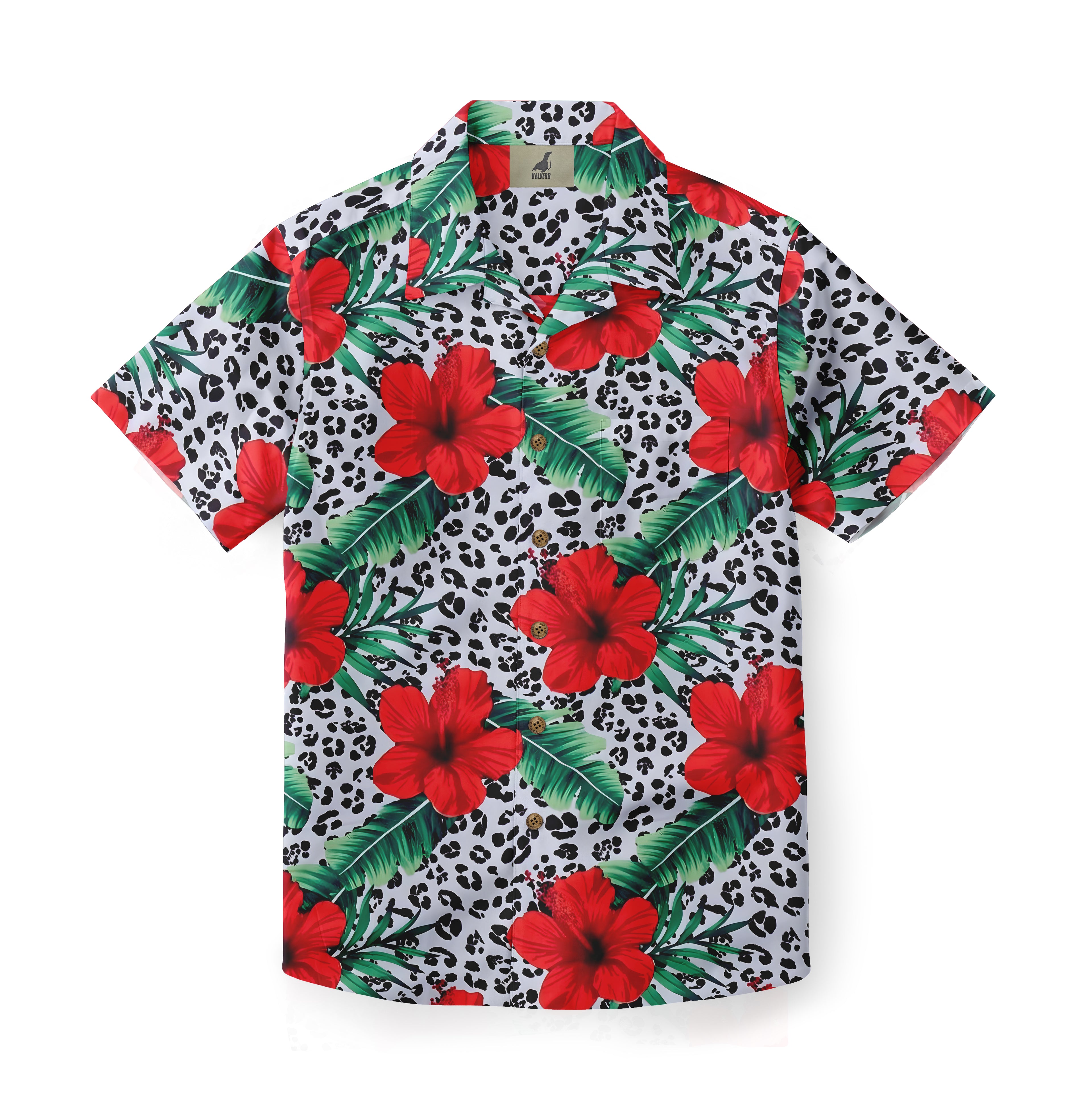 Vibrant floral shirt with red hibiscus, green leaves, and black.