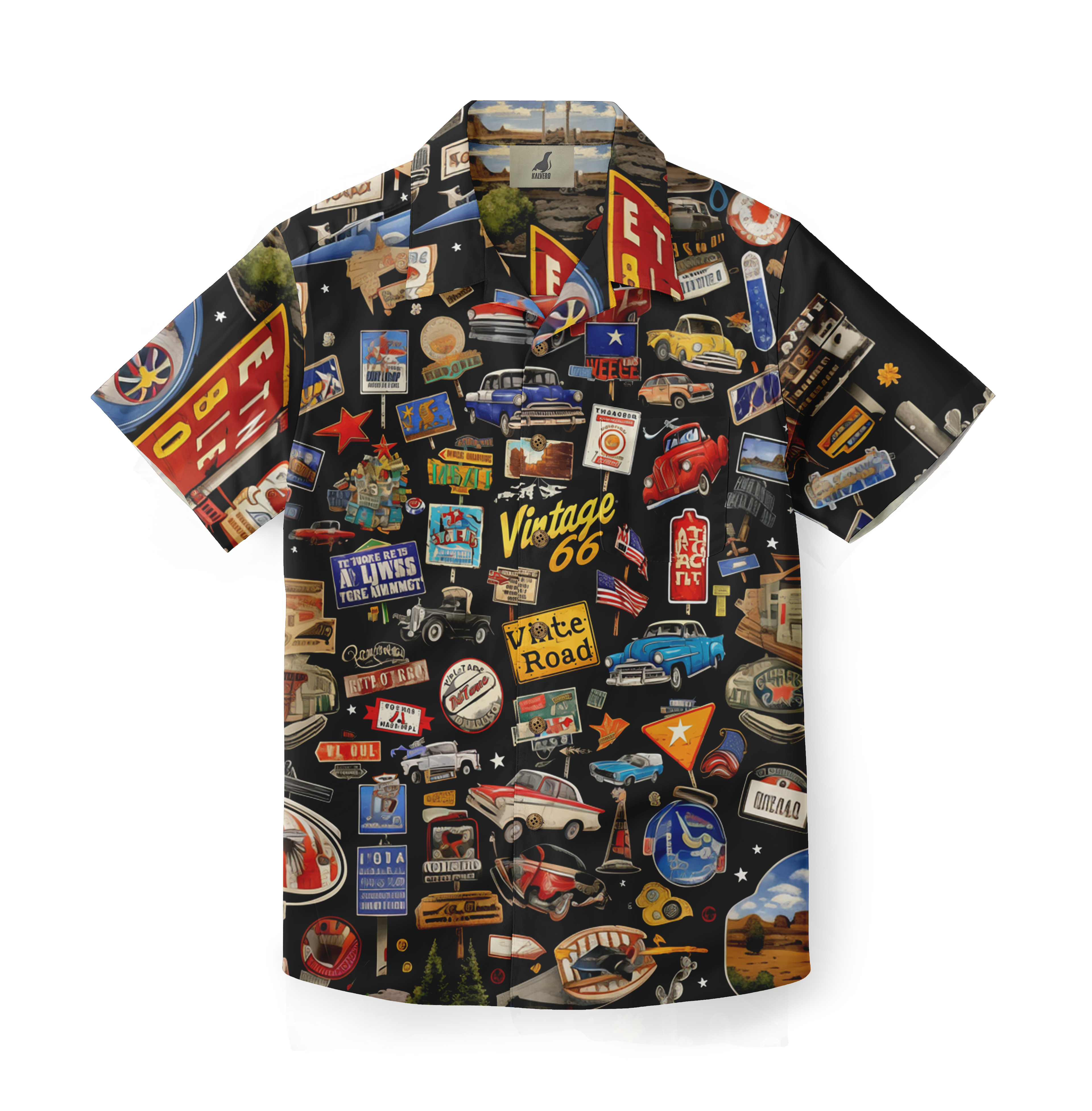 Vintage-themed black Hawaiian shirt with colorful retro road signs.