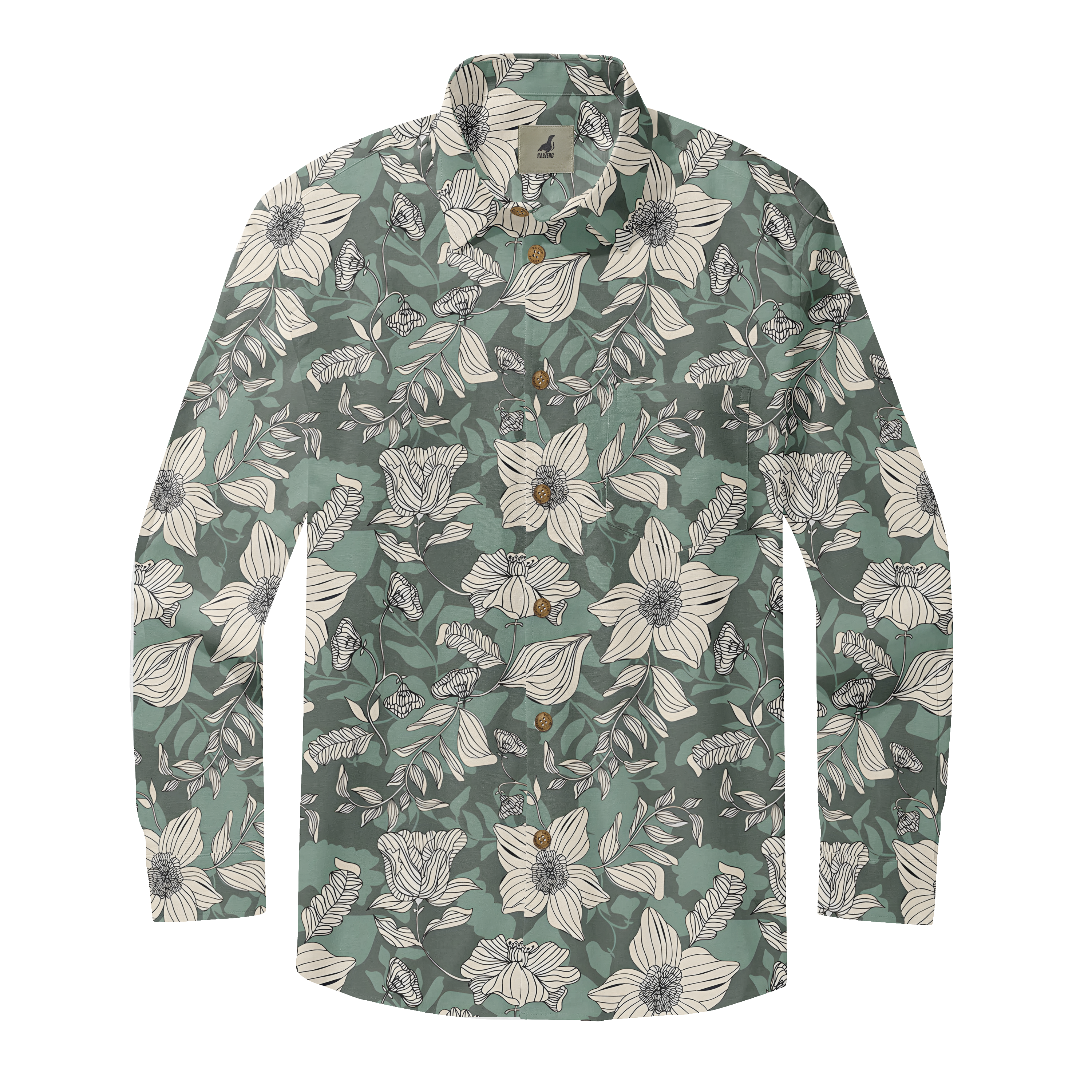 Long-sleeve floral shirt with white flowers on a green background.