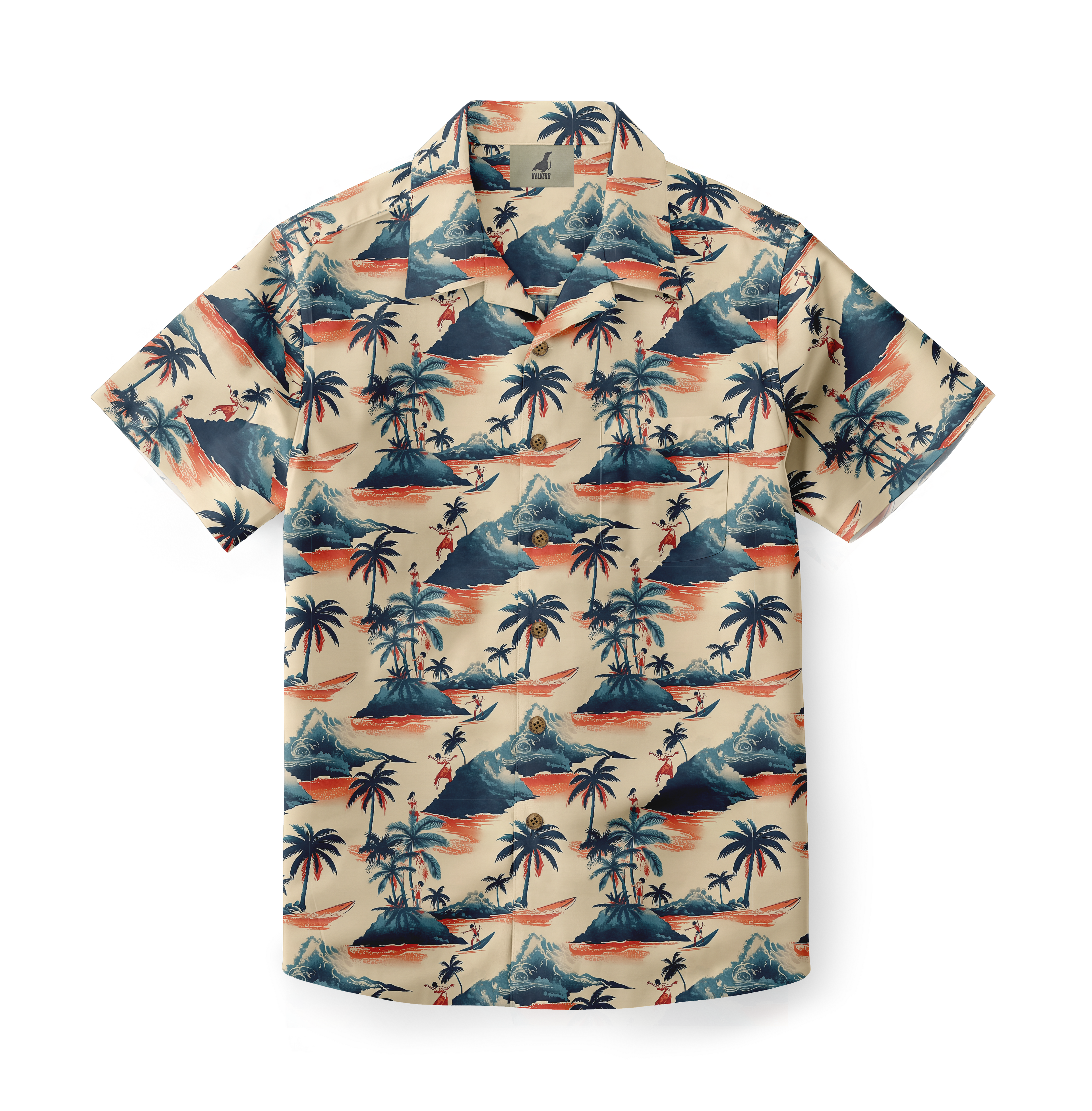 Beige Hawaiian shirt with palm trees, surfboards, and mountains.