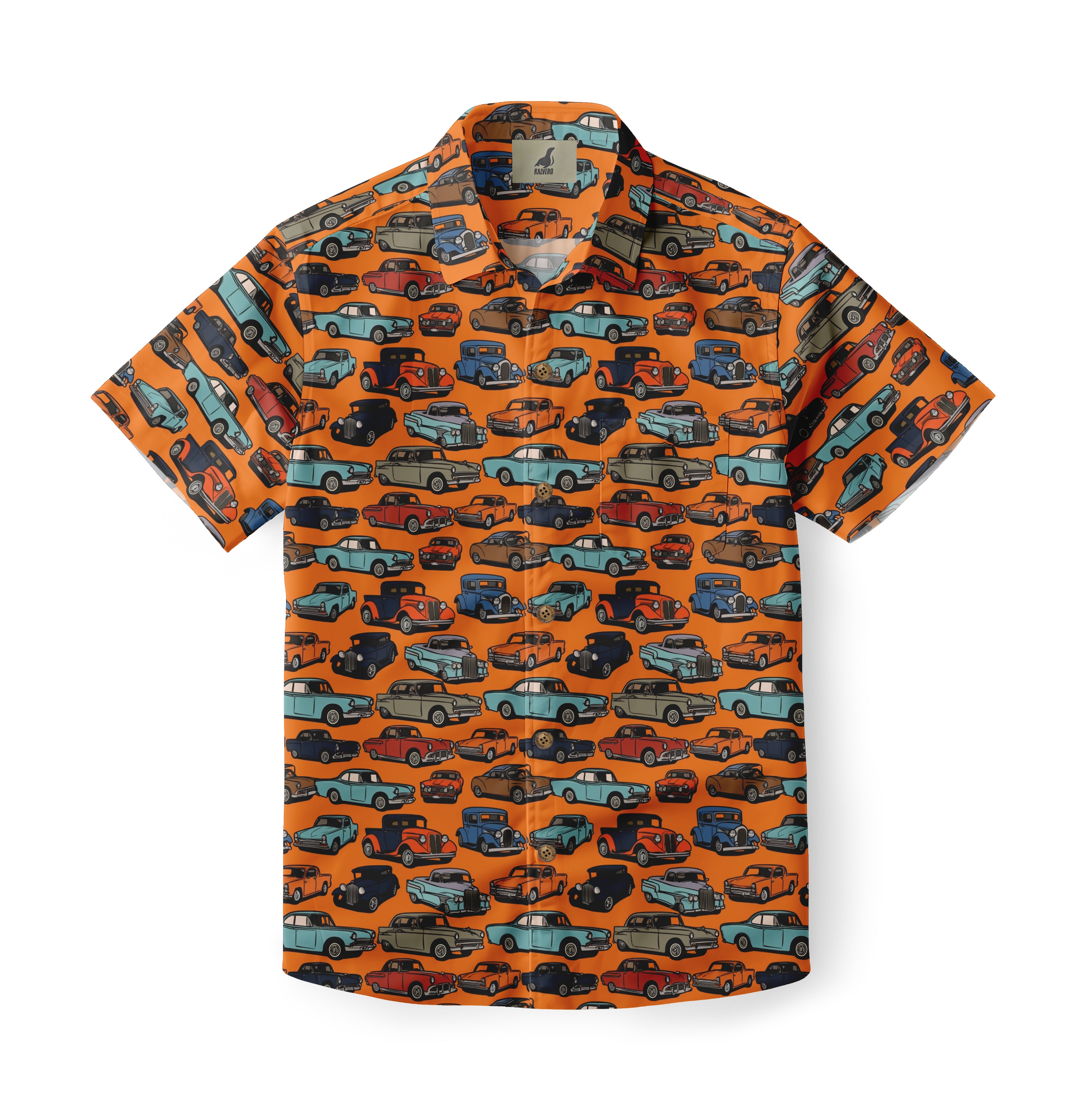 Orange Hawaiian shirt featuring a vibrant pattern of classic cars.