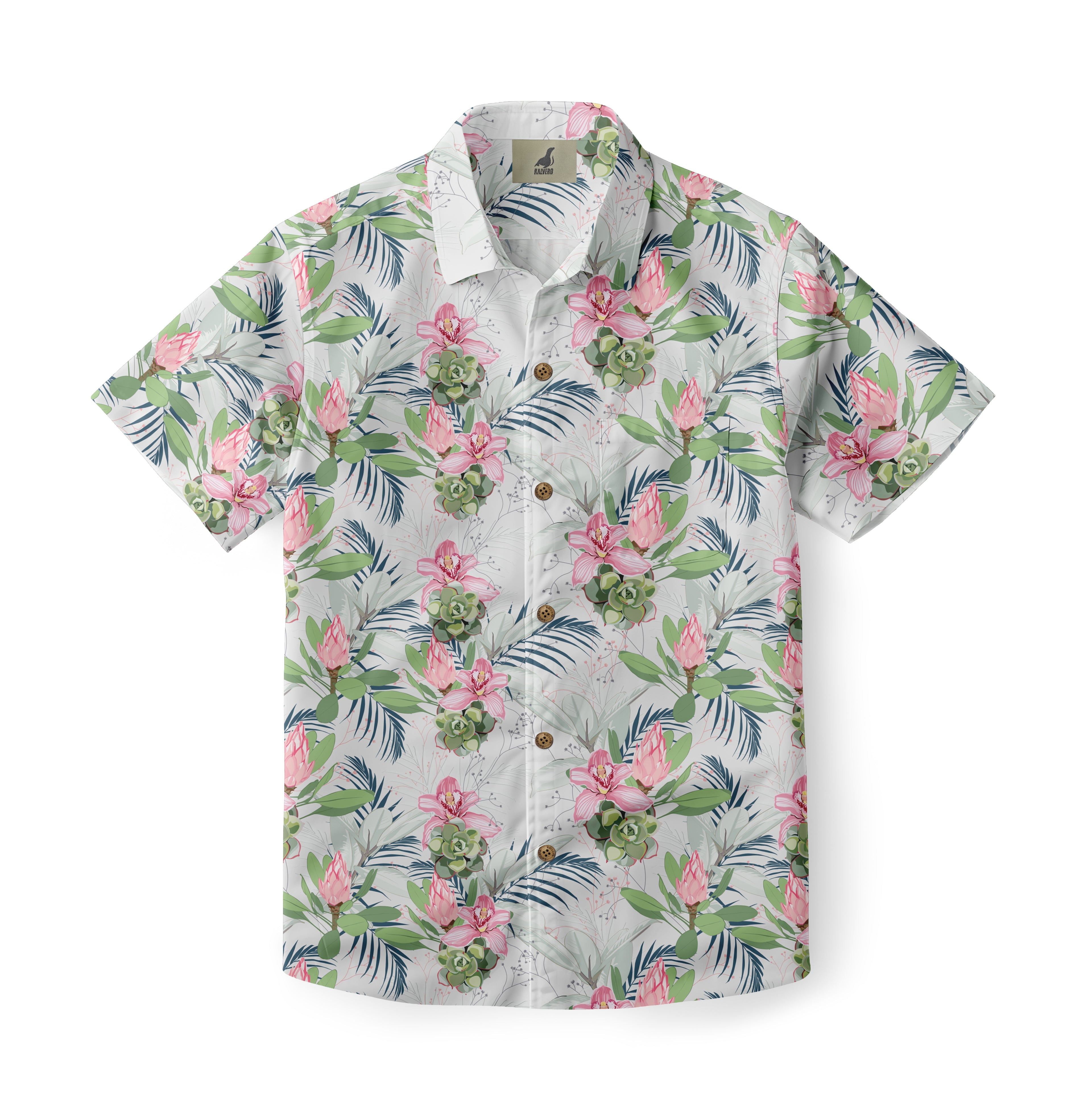 White shirt with pink flowers and green leaves pattern.