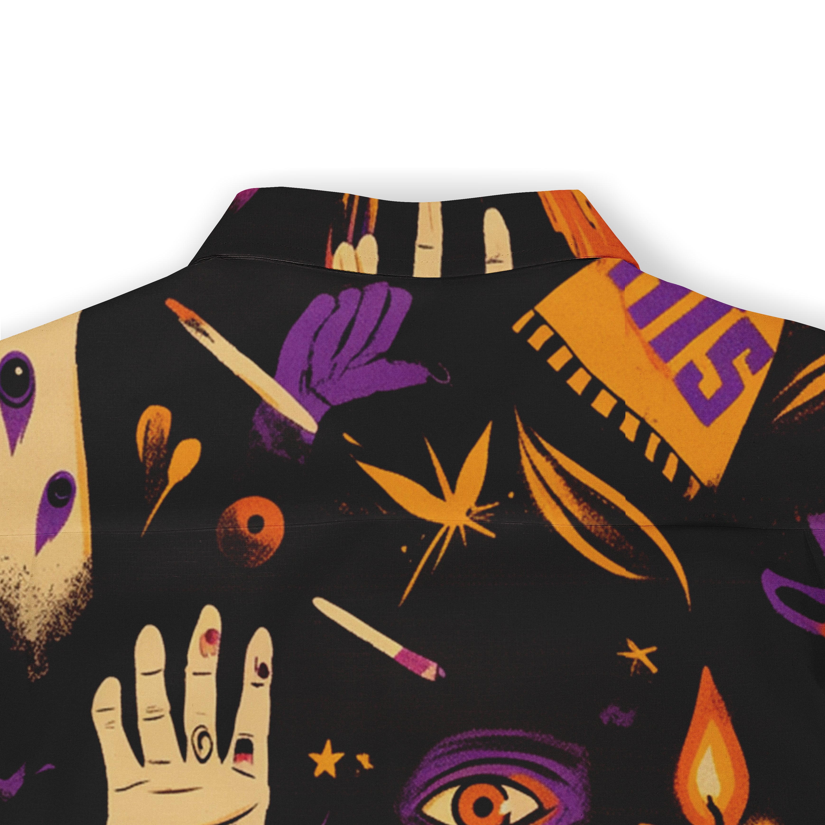 Black shirt with purple, orange hands, eyes, and abstract patterns.
