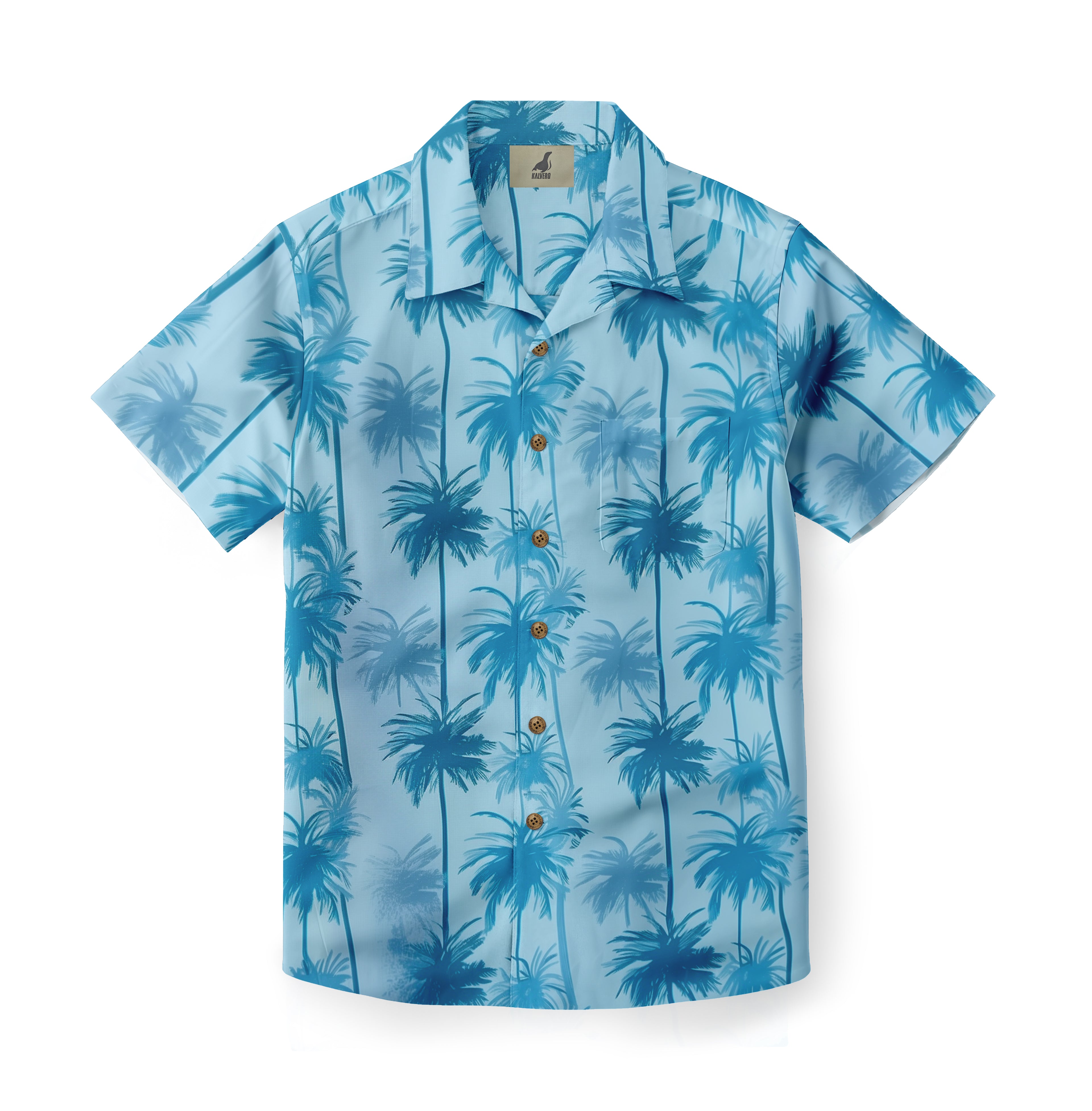 Blue short-sleeve shirt with palm tree pattern.