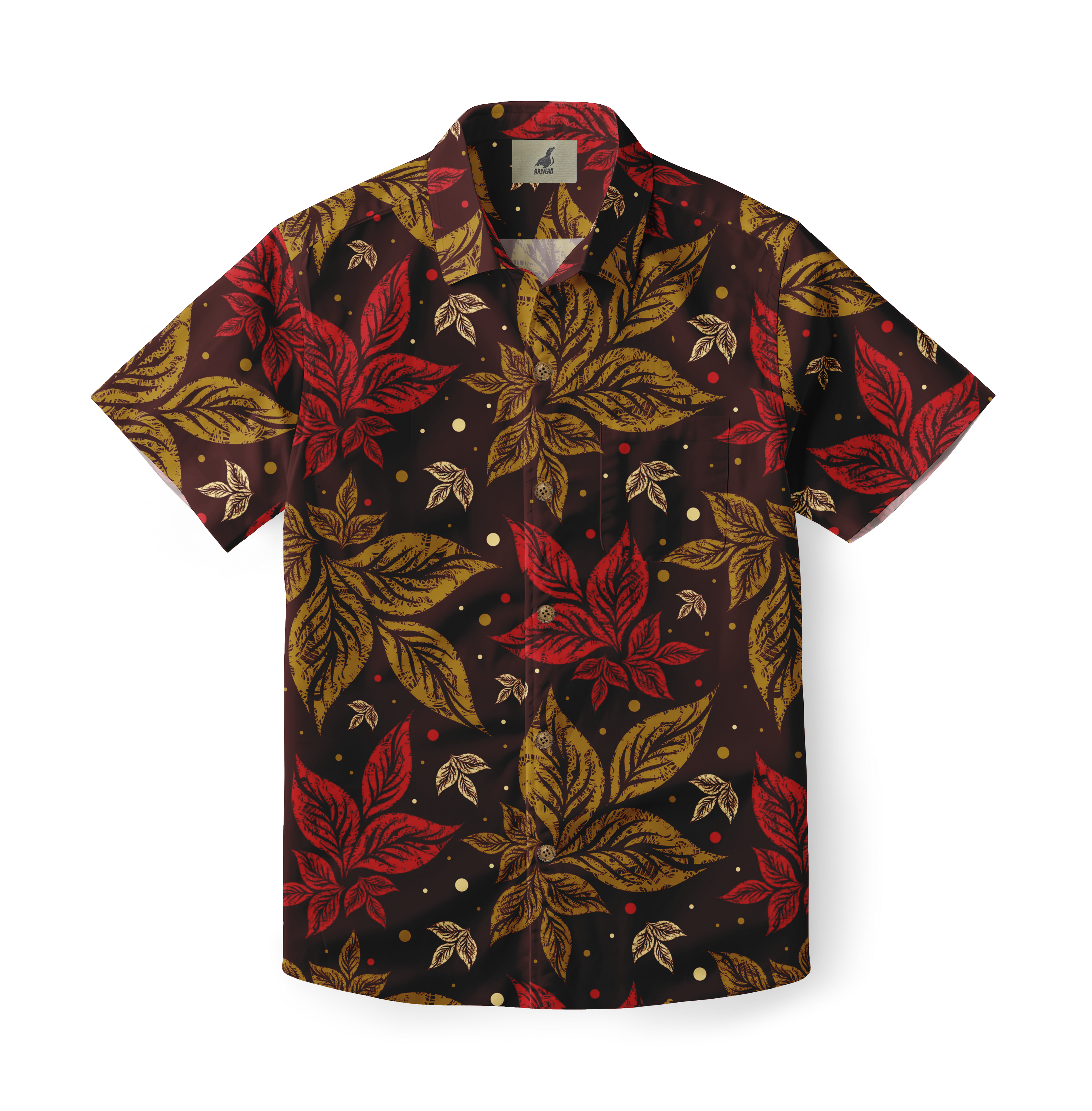 Dark brown short-sleeve shirt with red and gold leaf pattern.