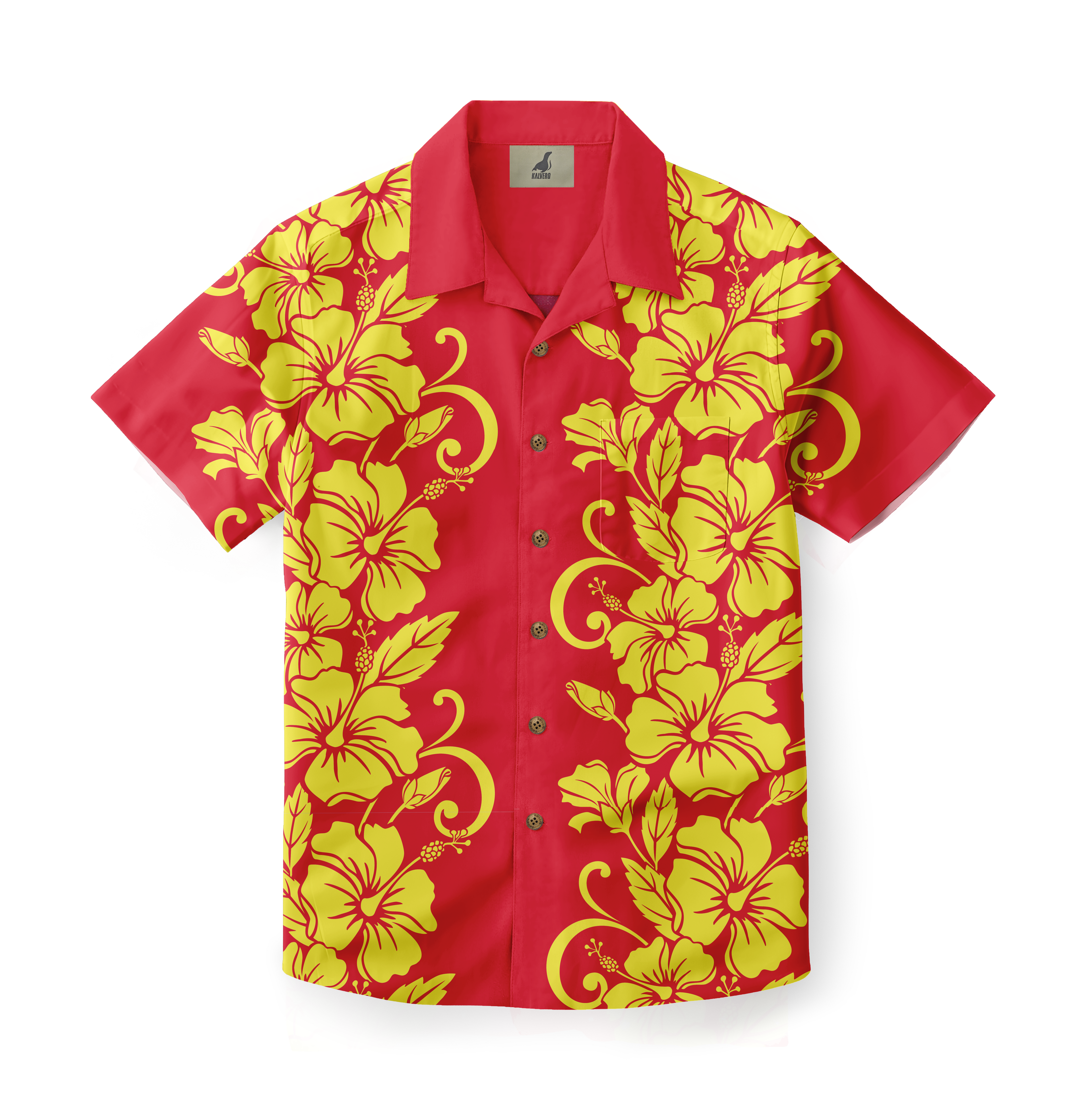 Red Hawaiian shirt with yellow hibiscus floral pattern, short.