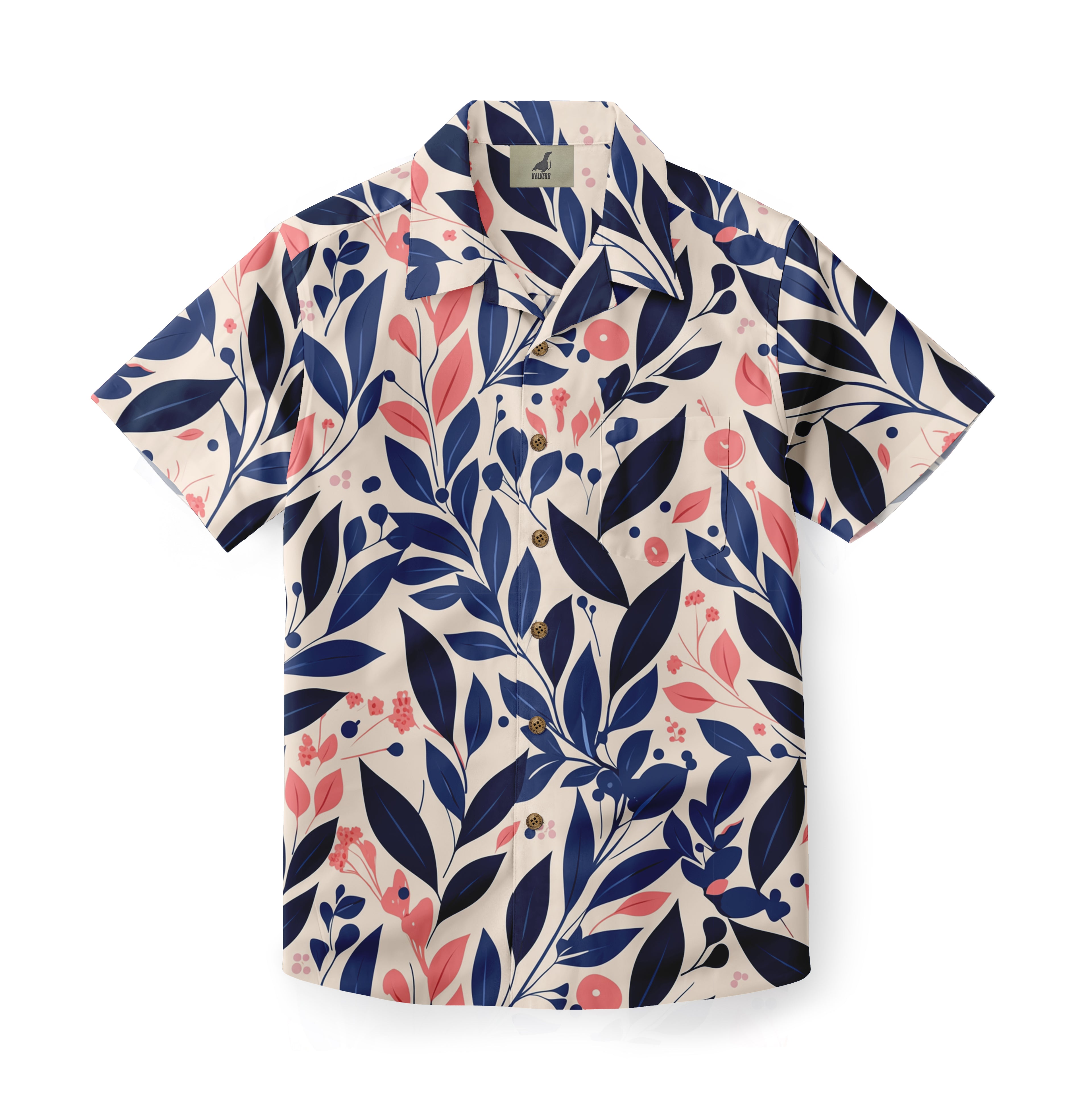 A floral-patterned short-sleeve shirt with navy blue leaves, pink.