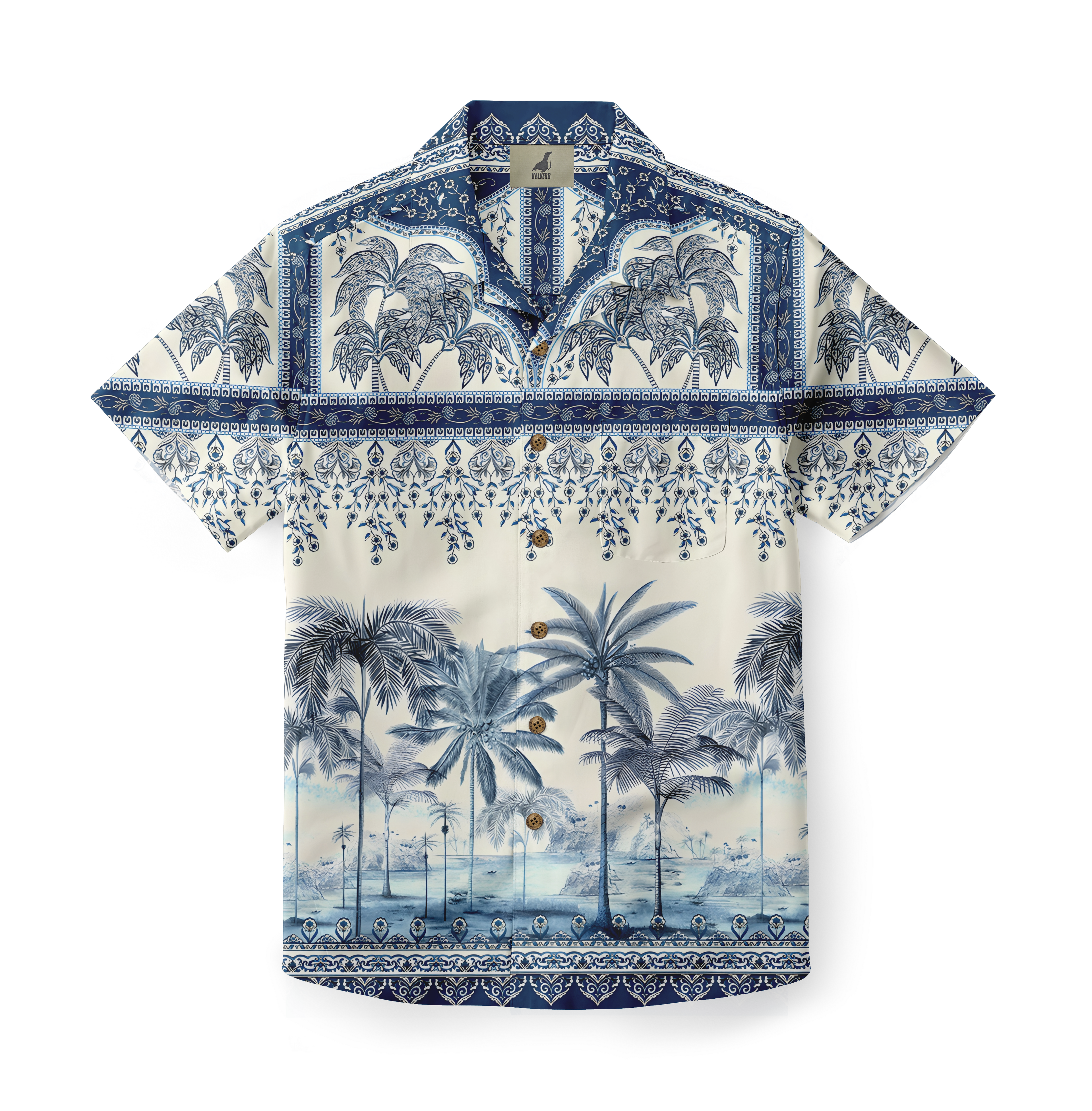 Blue and white tropical print short-sleeve shirt with palm trees.