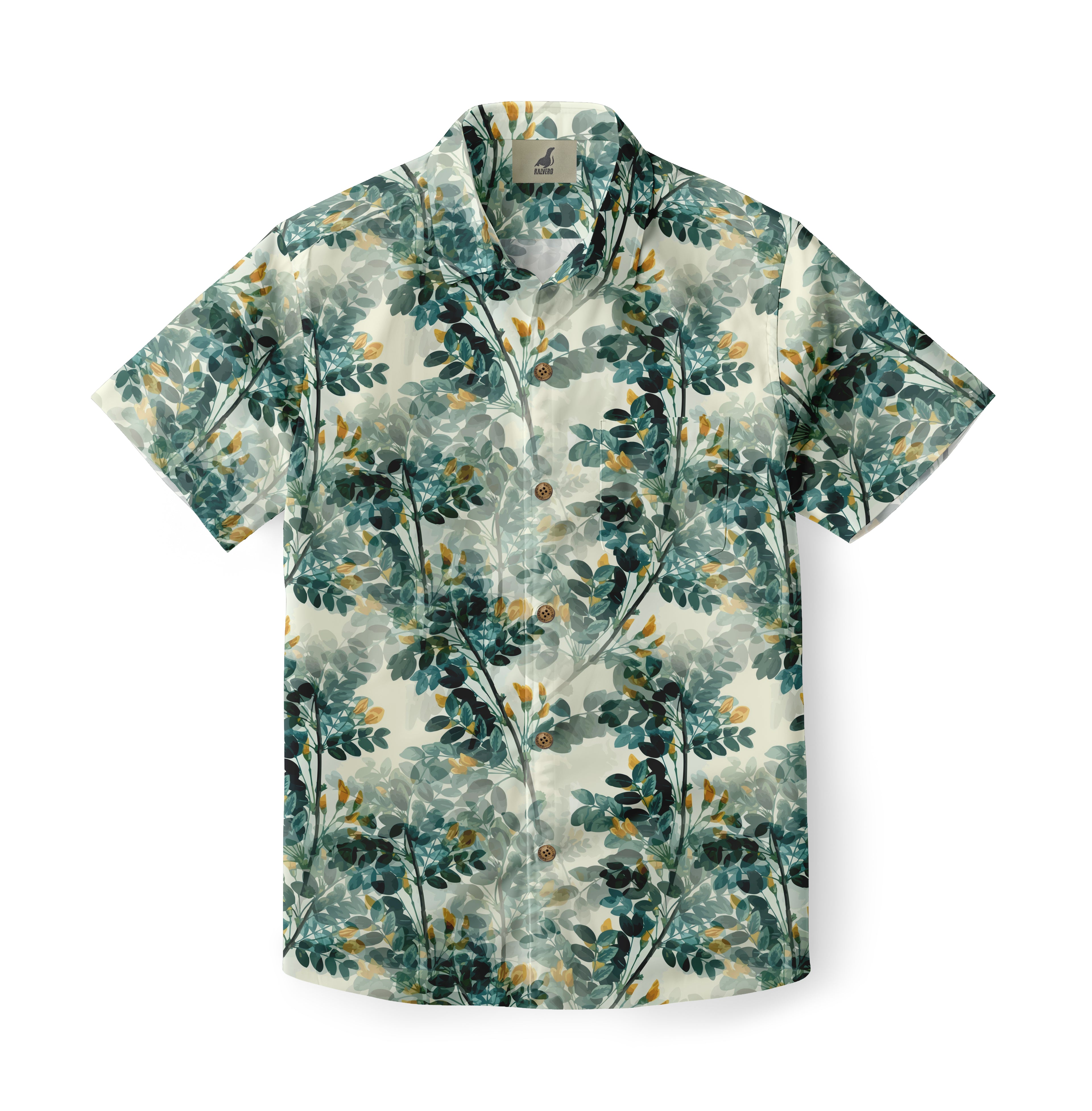Short-sleeve shirt with green leaf print and buttons.
