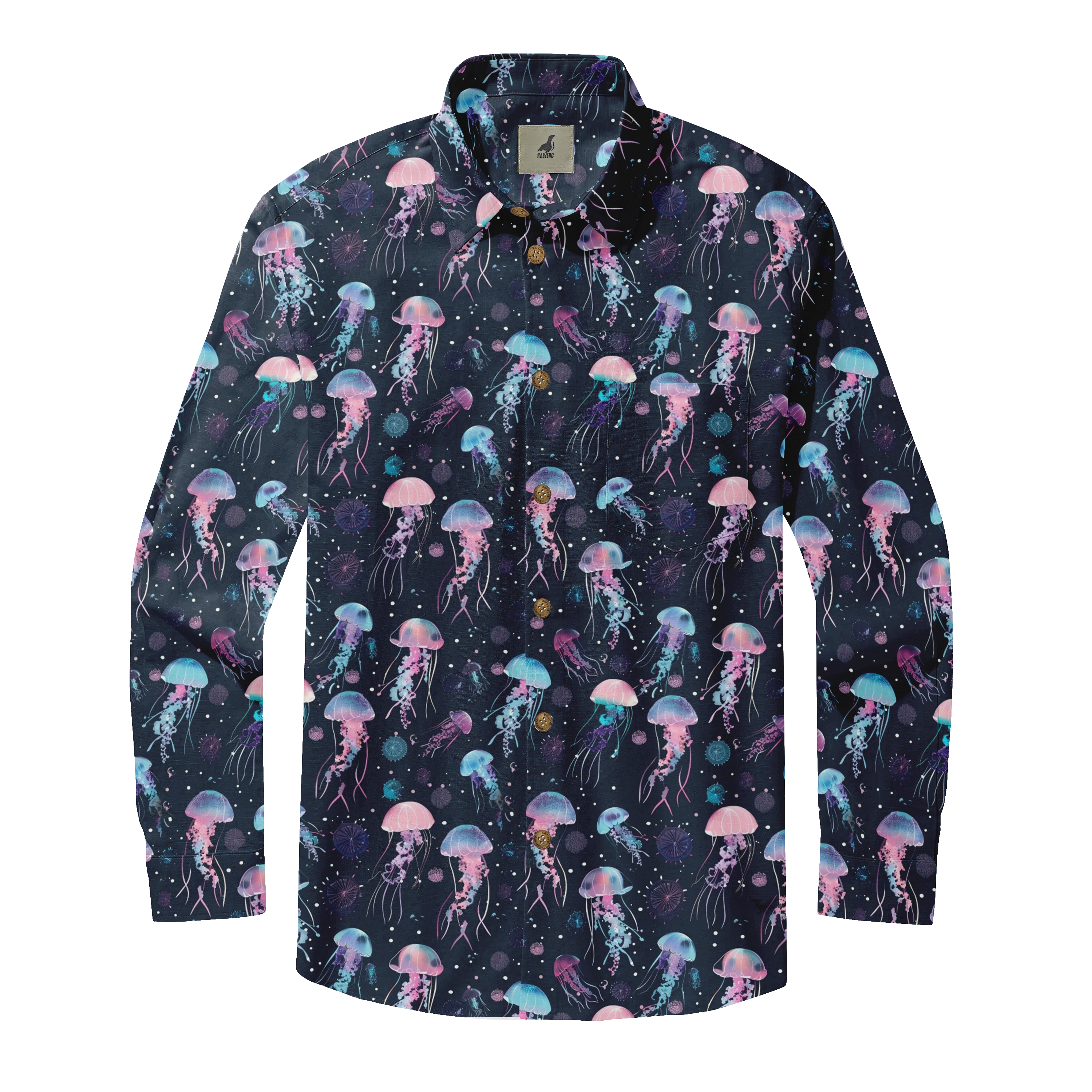 A dark blue shirt with a vibrant jellyfish pattern in pink, purple.