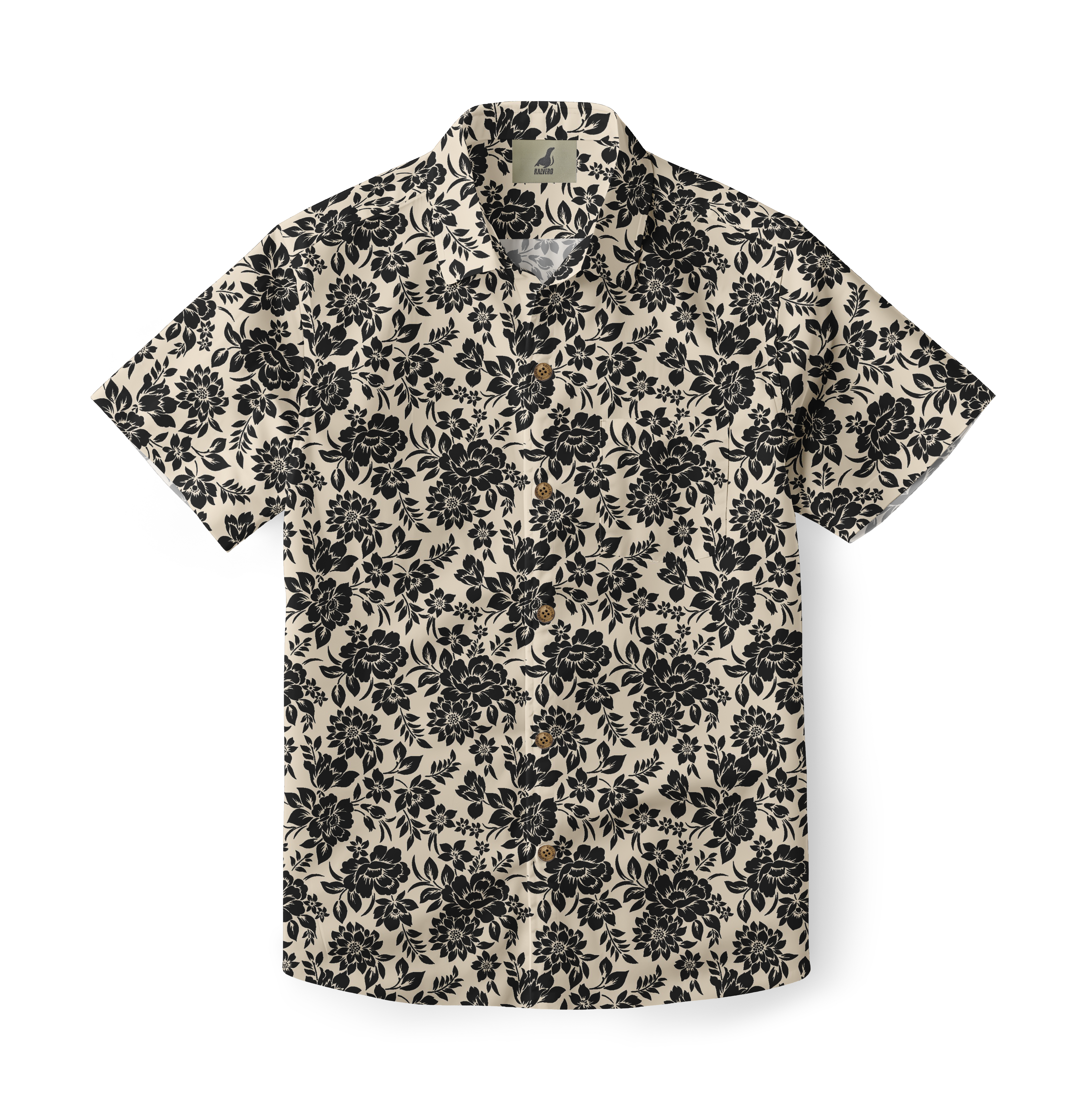 Beige short-sleeve shirt with black floral pattern.