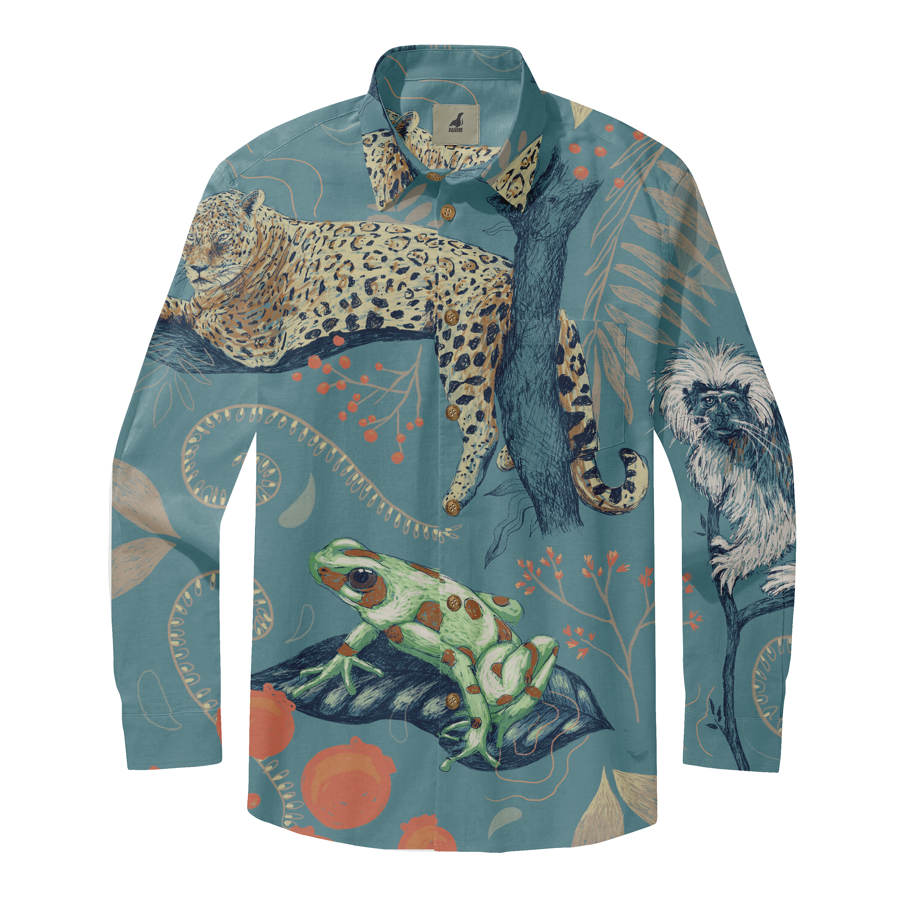 Teal long-sleeve shirt with vibrant jungle print featuring leopard.