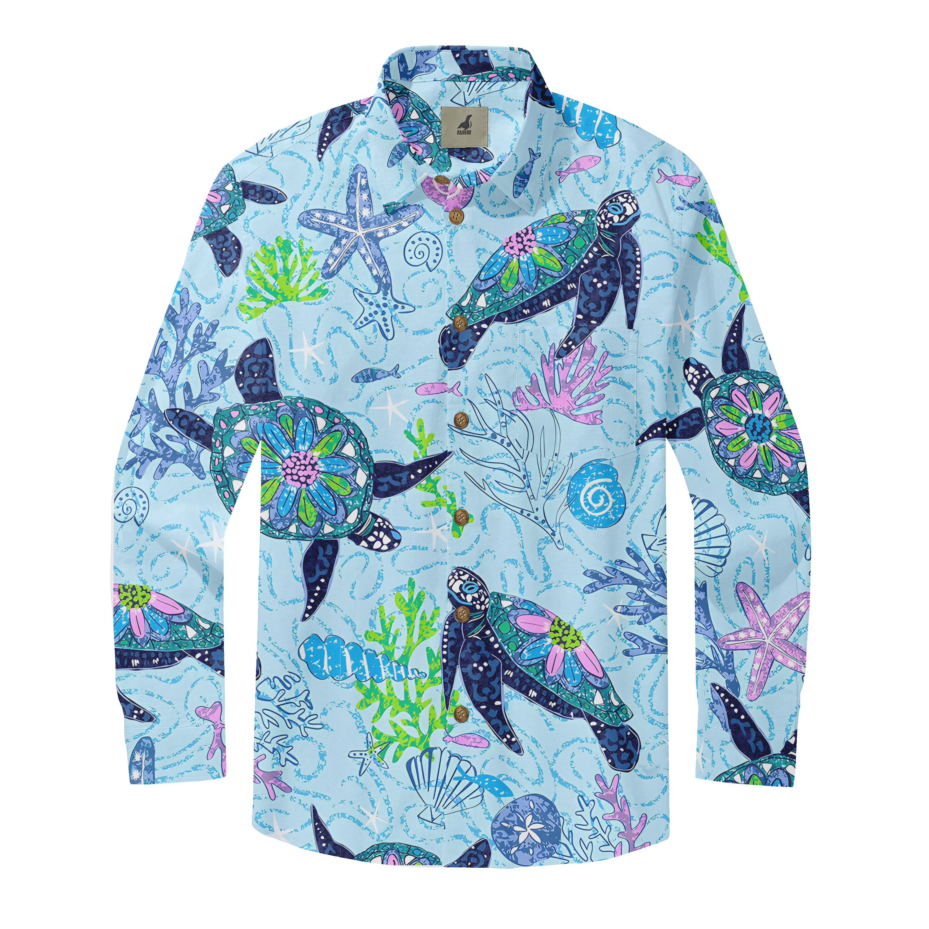 Light blue long-sleeve shirt with colorful sea turtle, starfish.