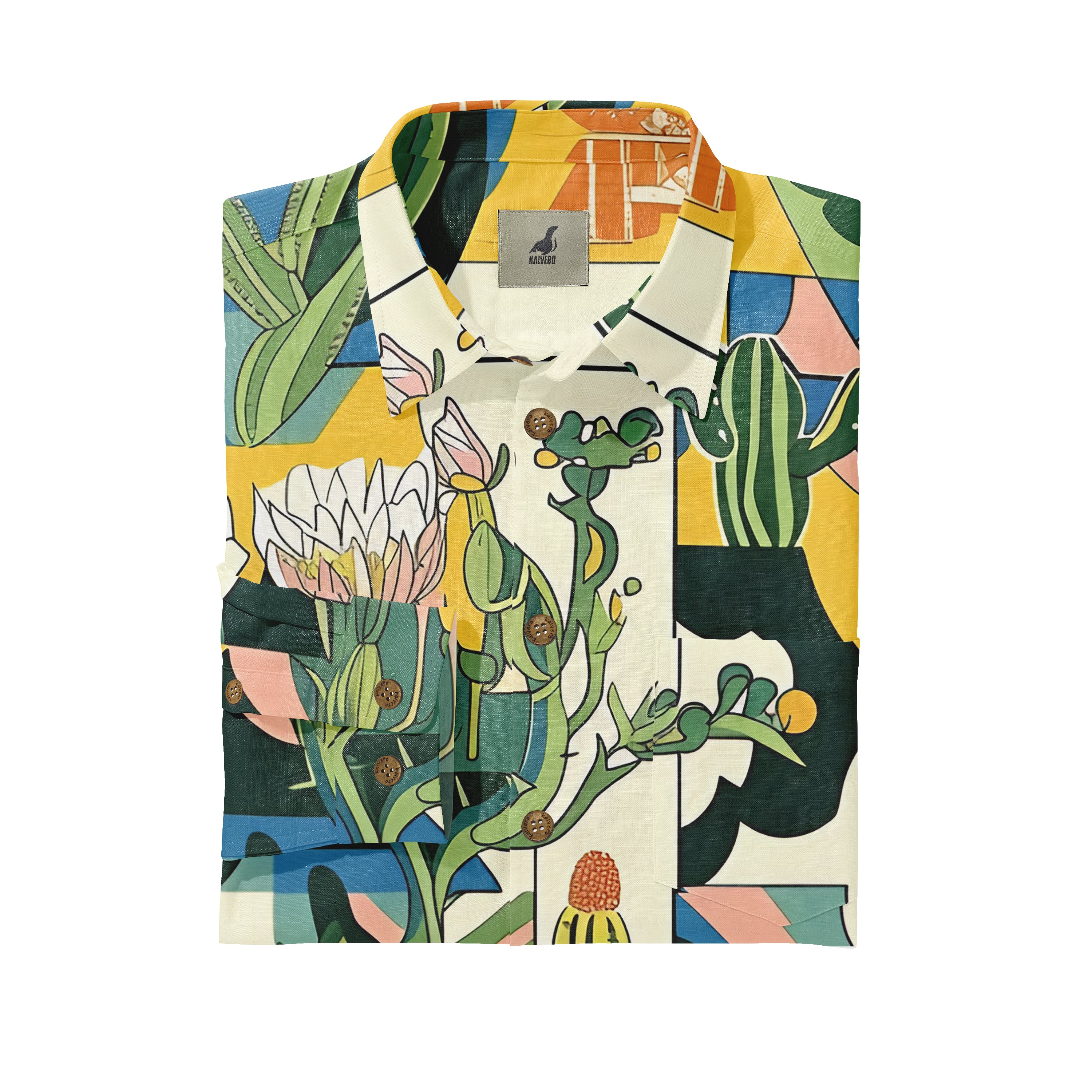 Colorful floral and cactus patterned shirt with wooden buttons.