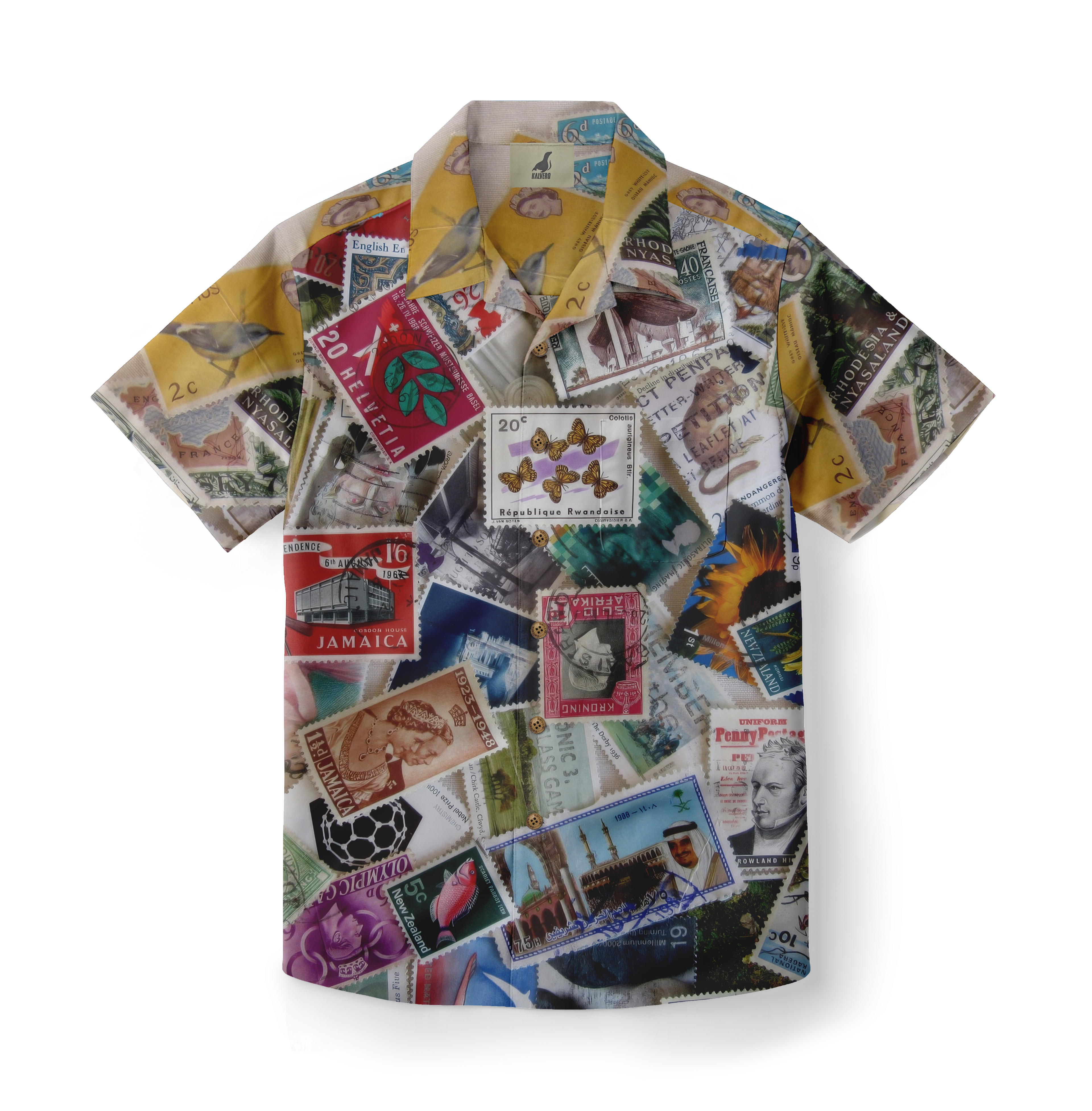 Colorful shirt with vintage postage stamp prints.