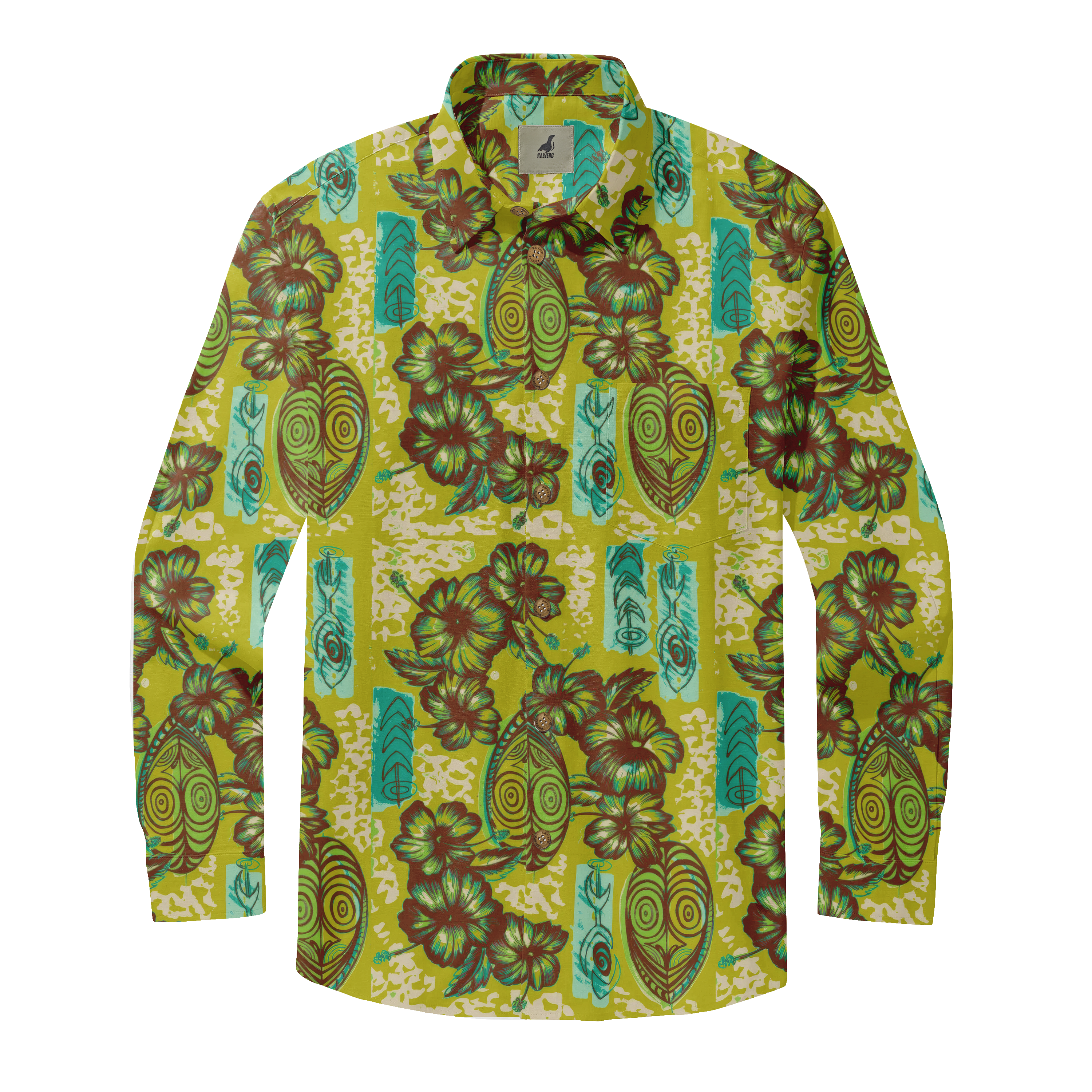 Vibrant green shirt with floral and tribal patterns, featuring bold.
