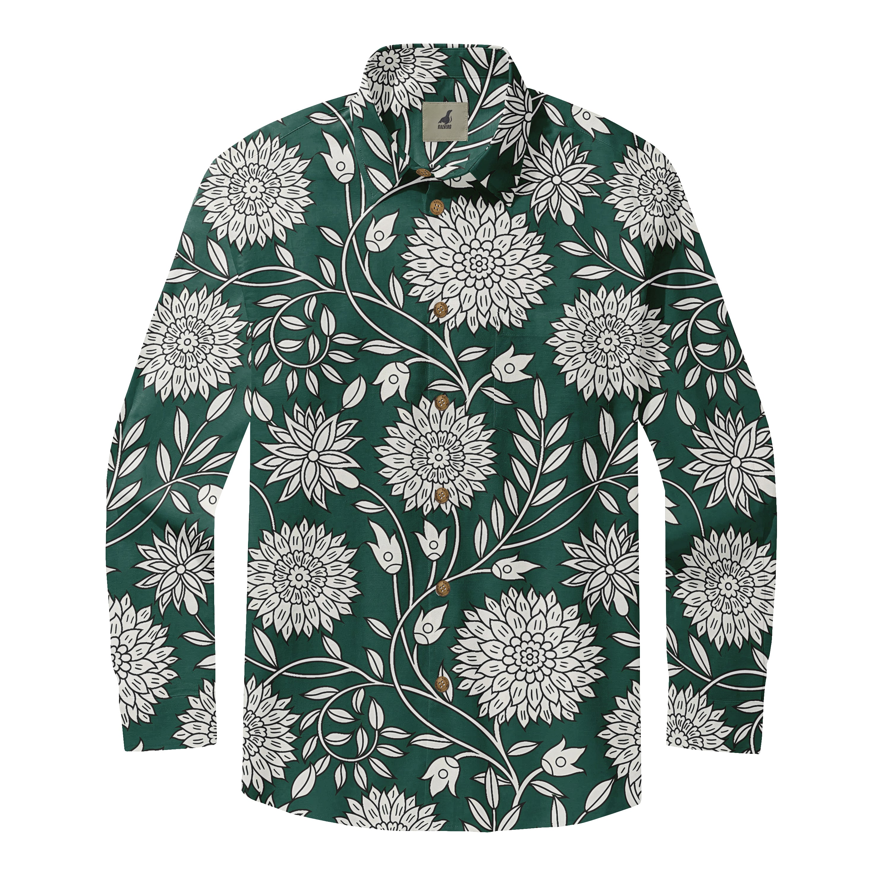 Dark green long-sleeve shirt with white floral pattern and wooden.