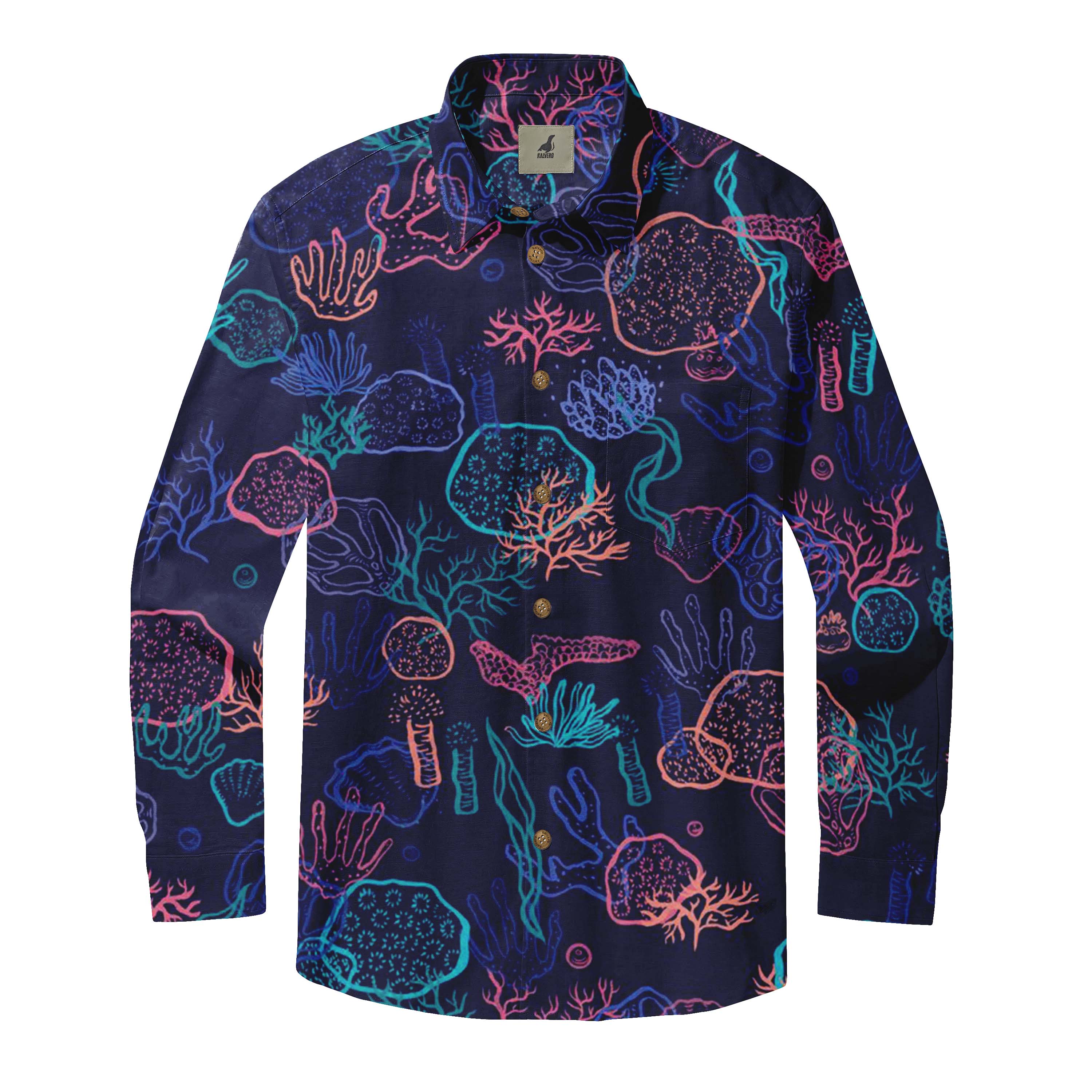 Dark blue shirt with colorful coral and sea life print.