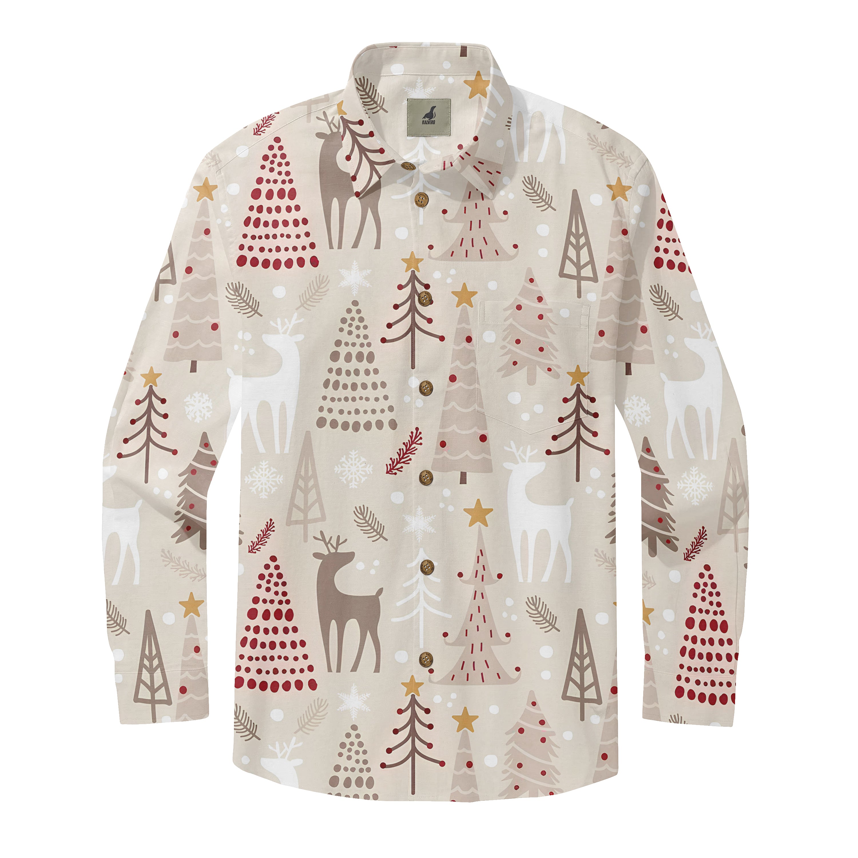 Christmas-themed long-sleeve shirt with reindeer, trees.