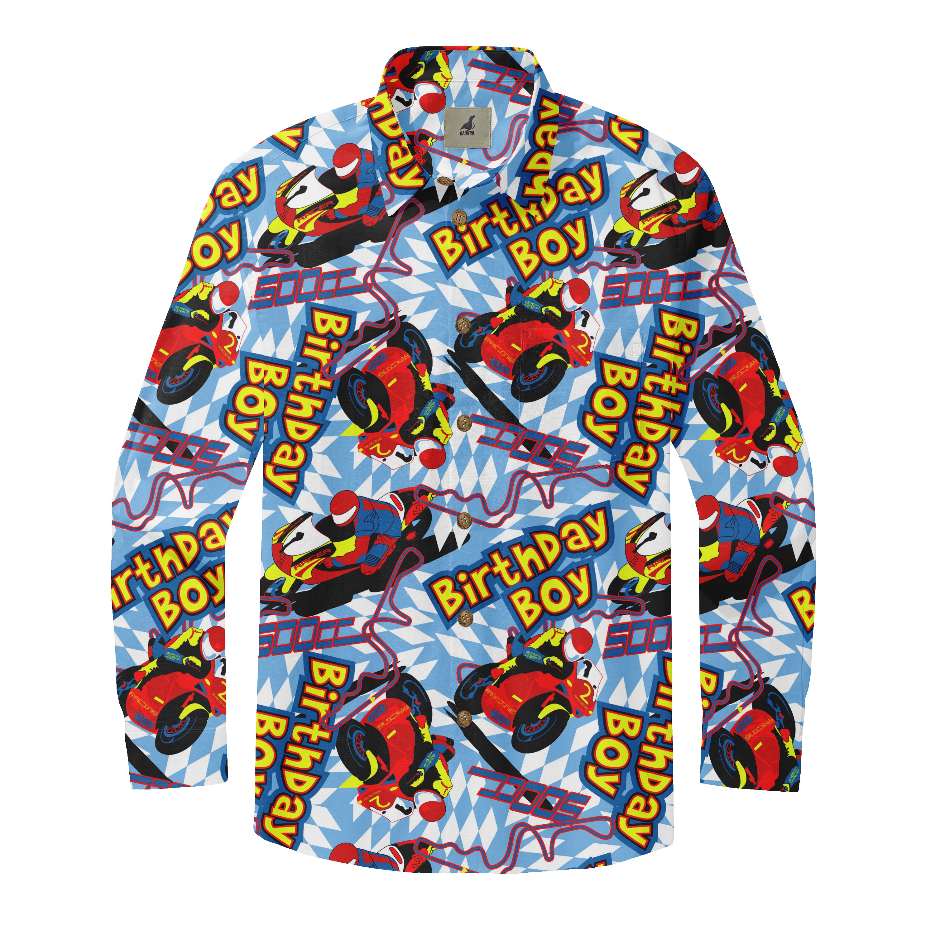 Blue shirt with "Birthday Boy" and motorcycle prints.