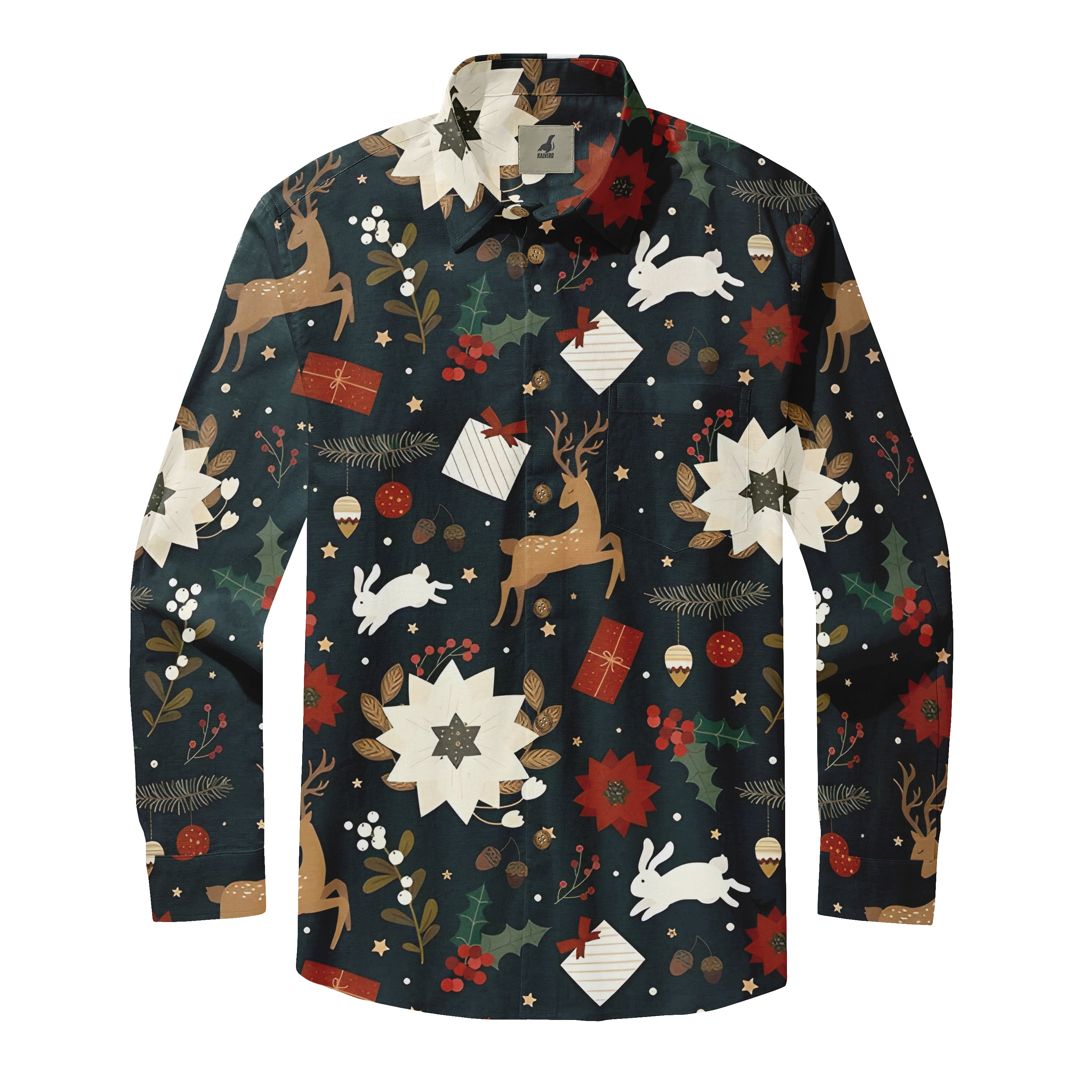 Christmas-themed shirt with reindeer, rabbits, gifts, and floral.