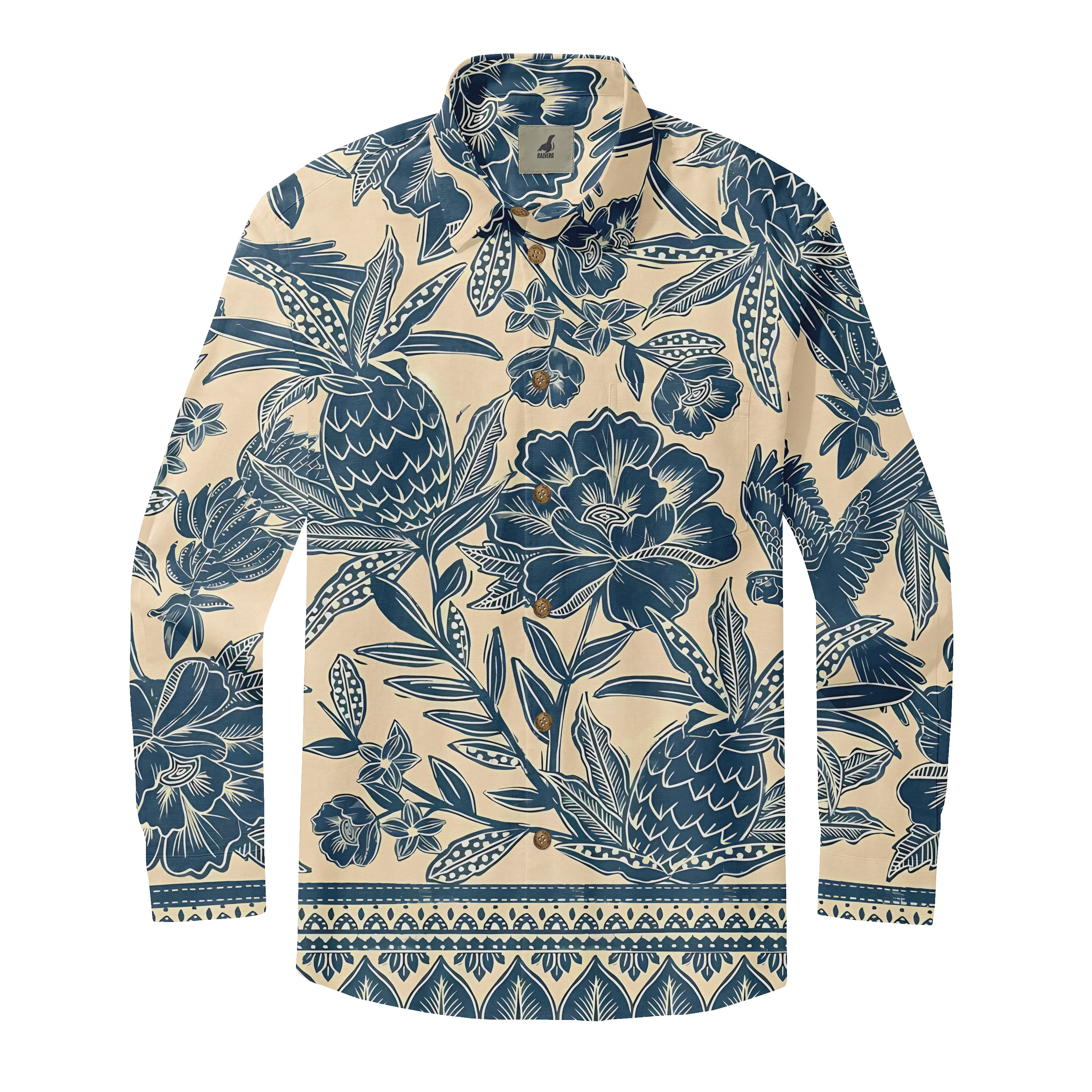 Beige shirt with blue floral and pineapple print.