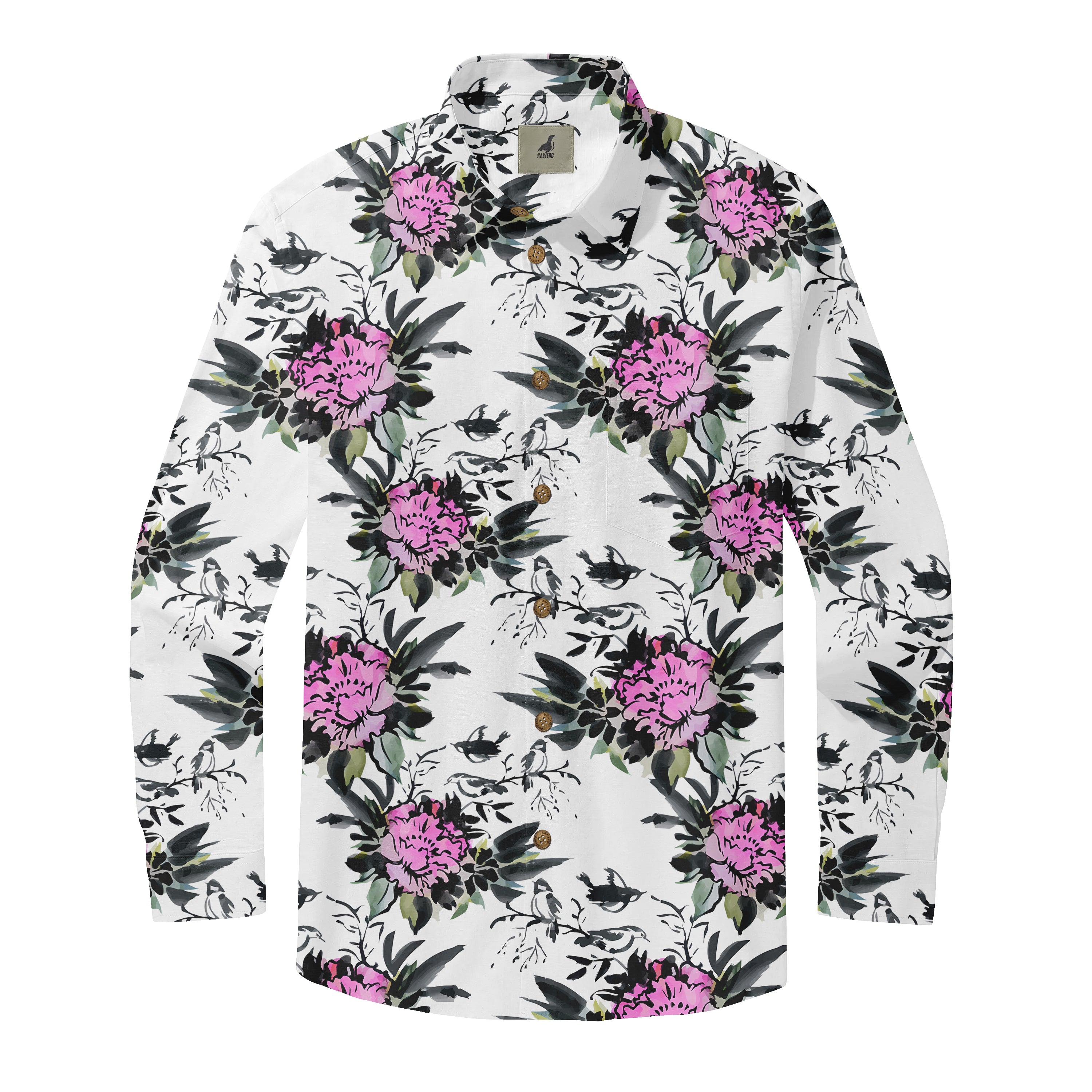 White long-sleeve shirt with pink floral and bird print, featuring.