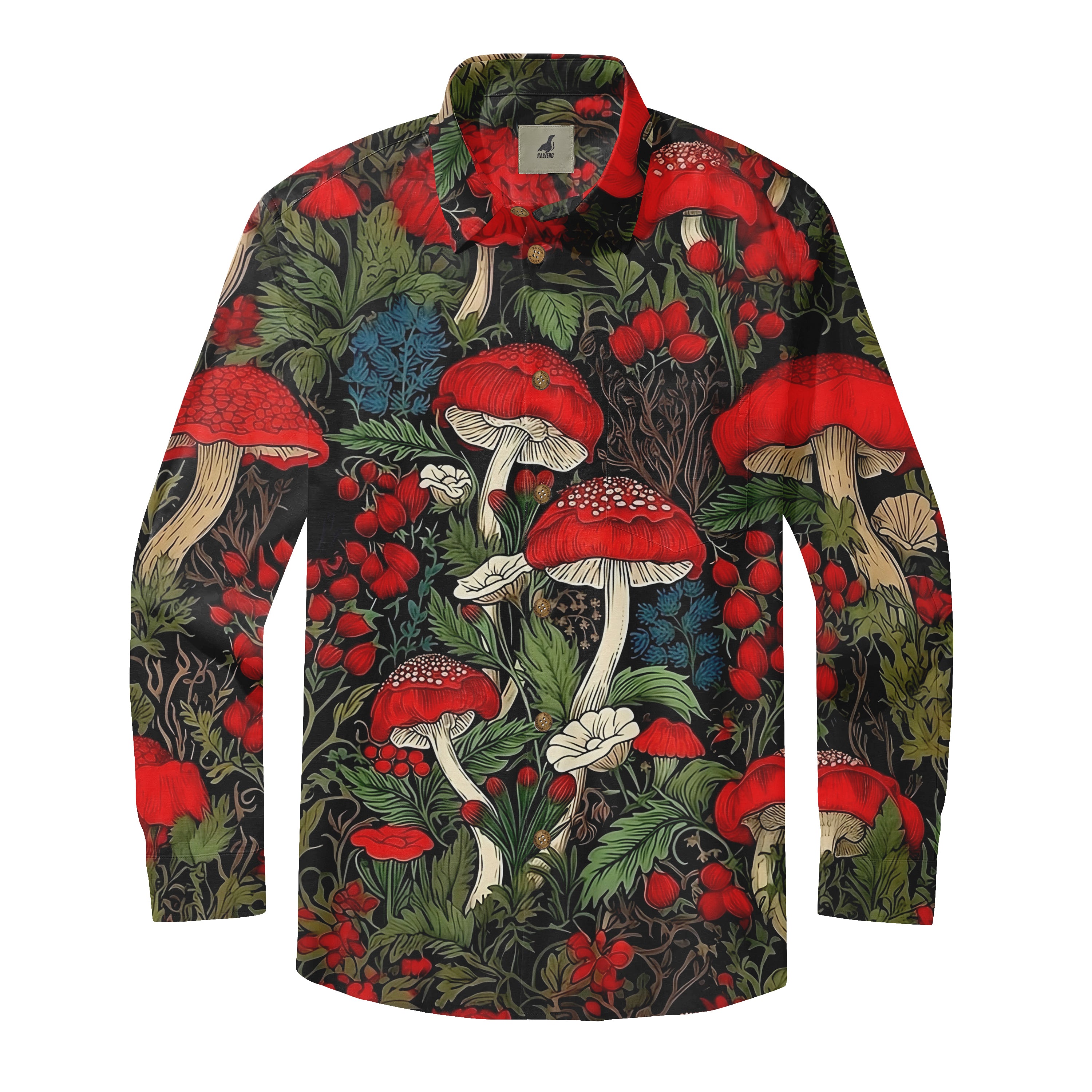 A vibrant long-sleeve shirt featuring a bold red mushroom and floral.