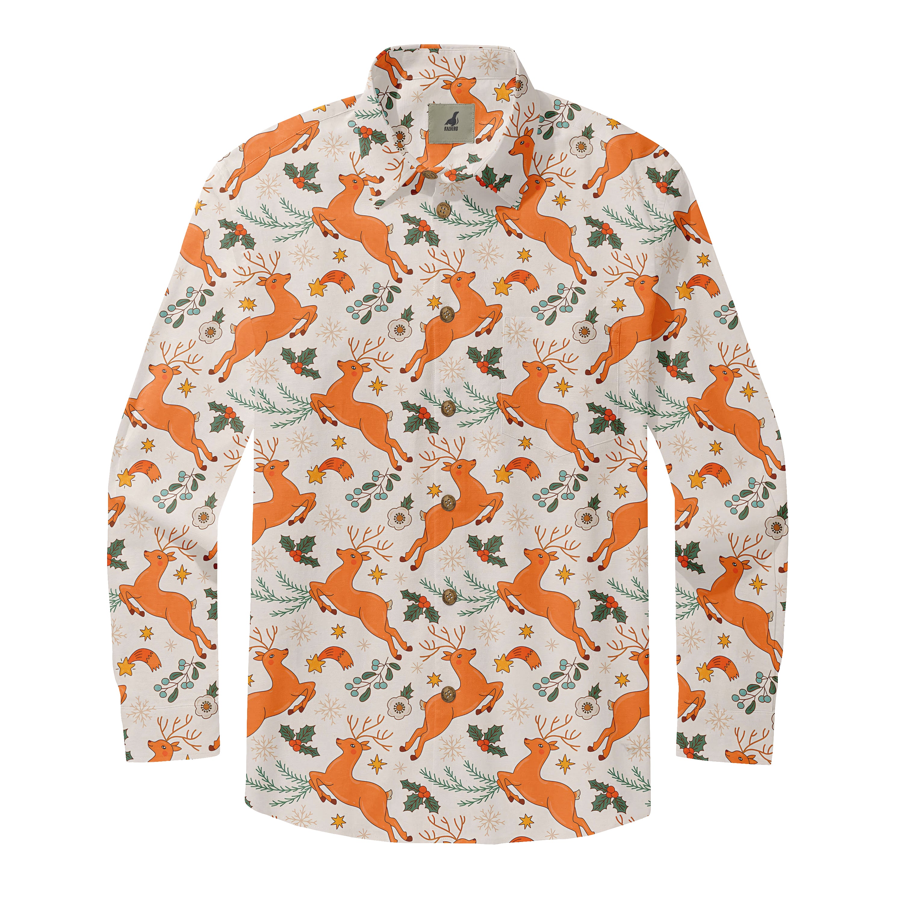 Festive long-sleeve shirt with orange reindeer, holly, and snowflake.