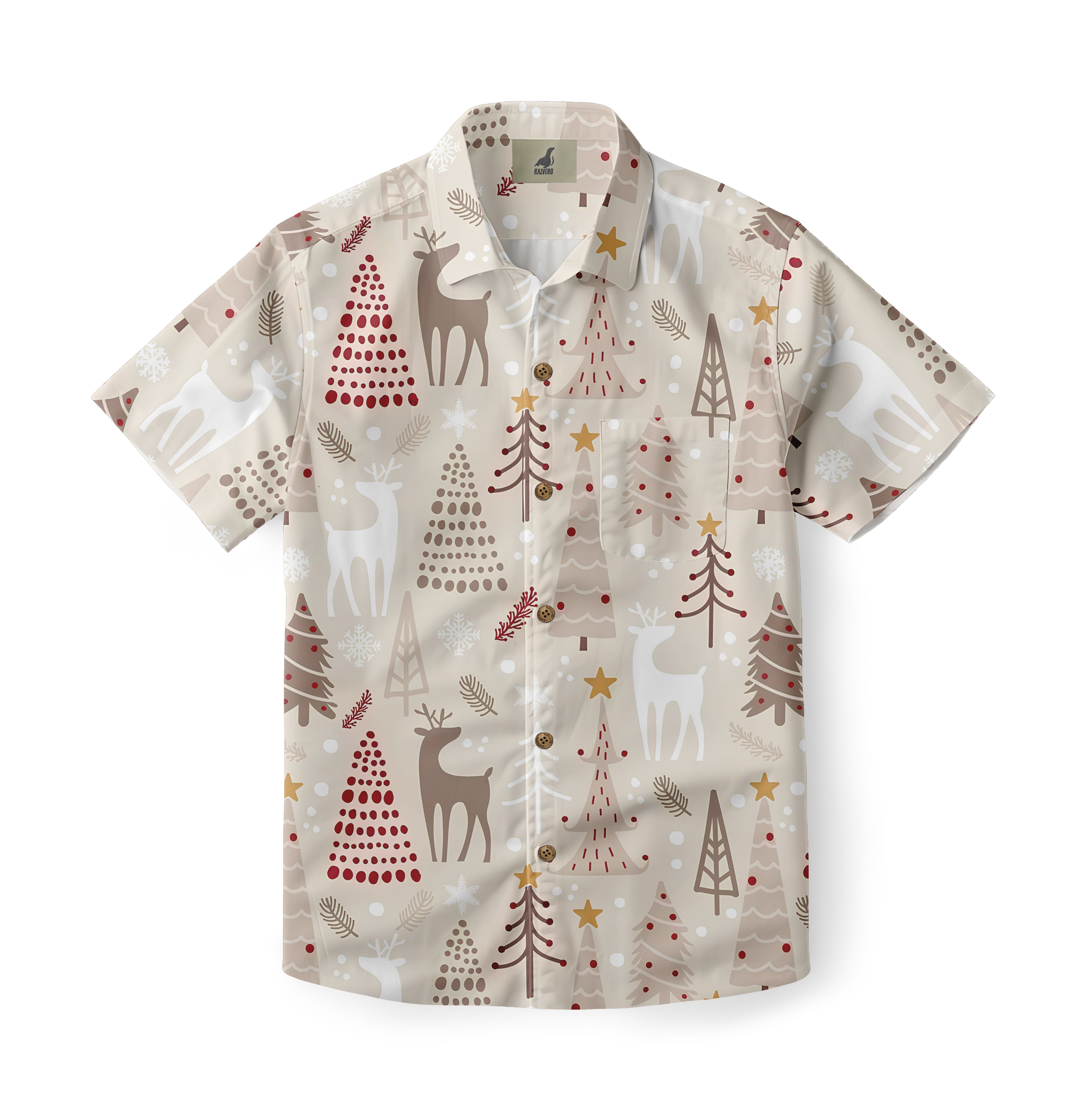 Christmas-themed short-sleeve shirt with reindeer, trees.