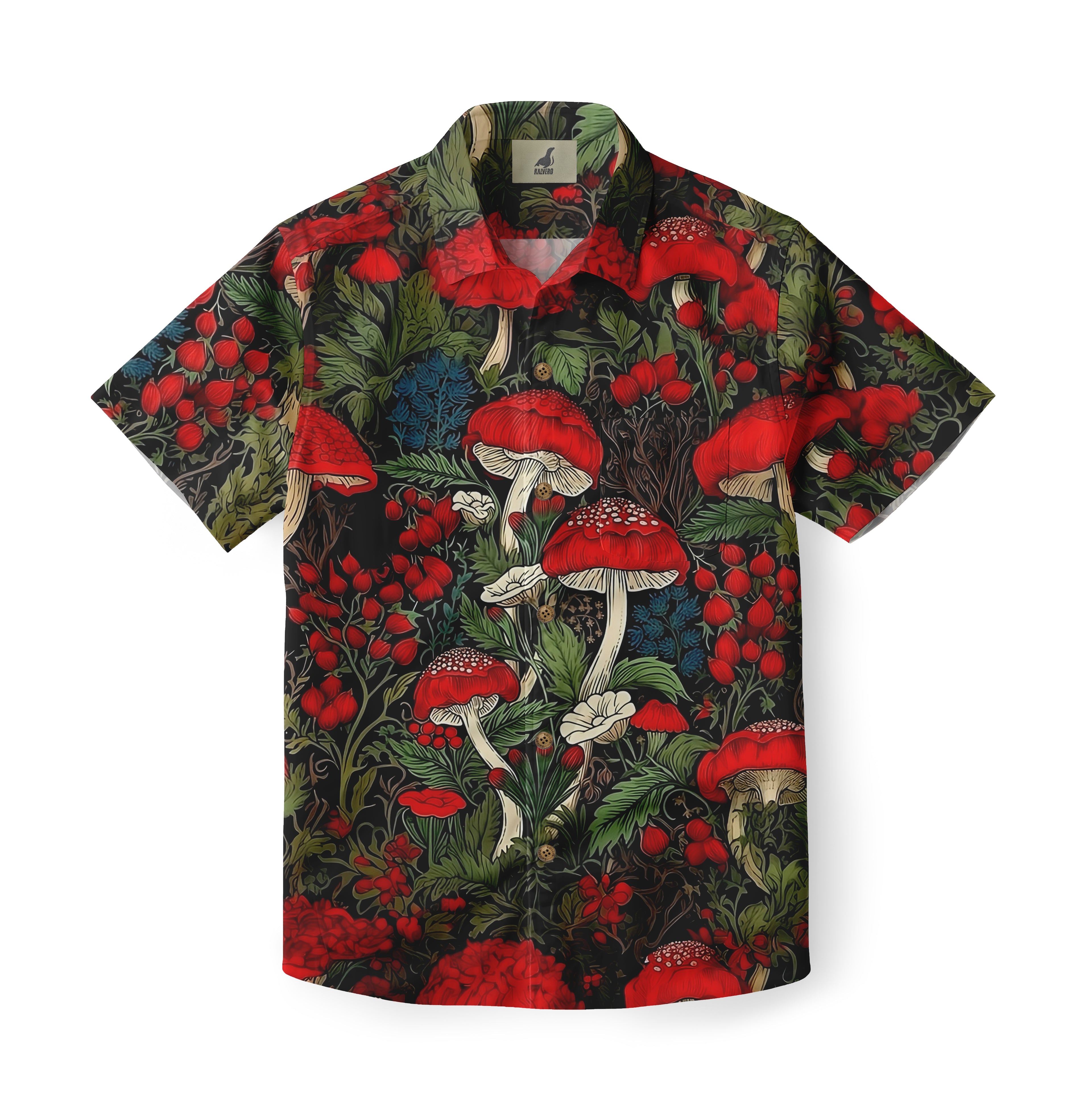 Black shirt with red mushrooms, green leaves, and berries.