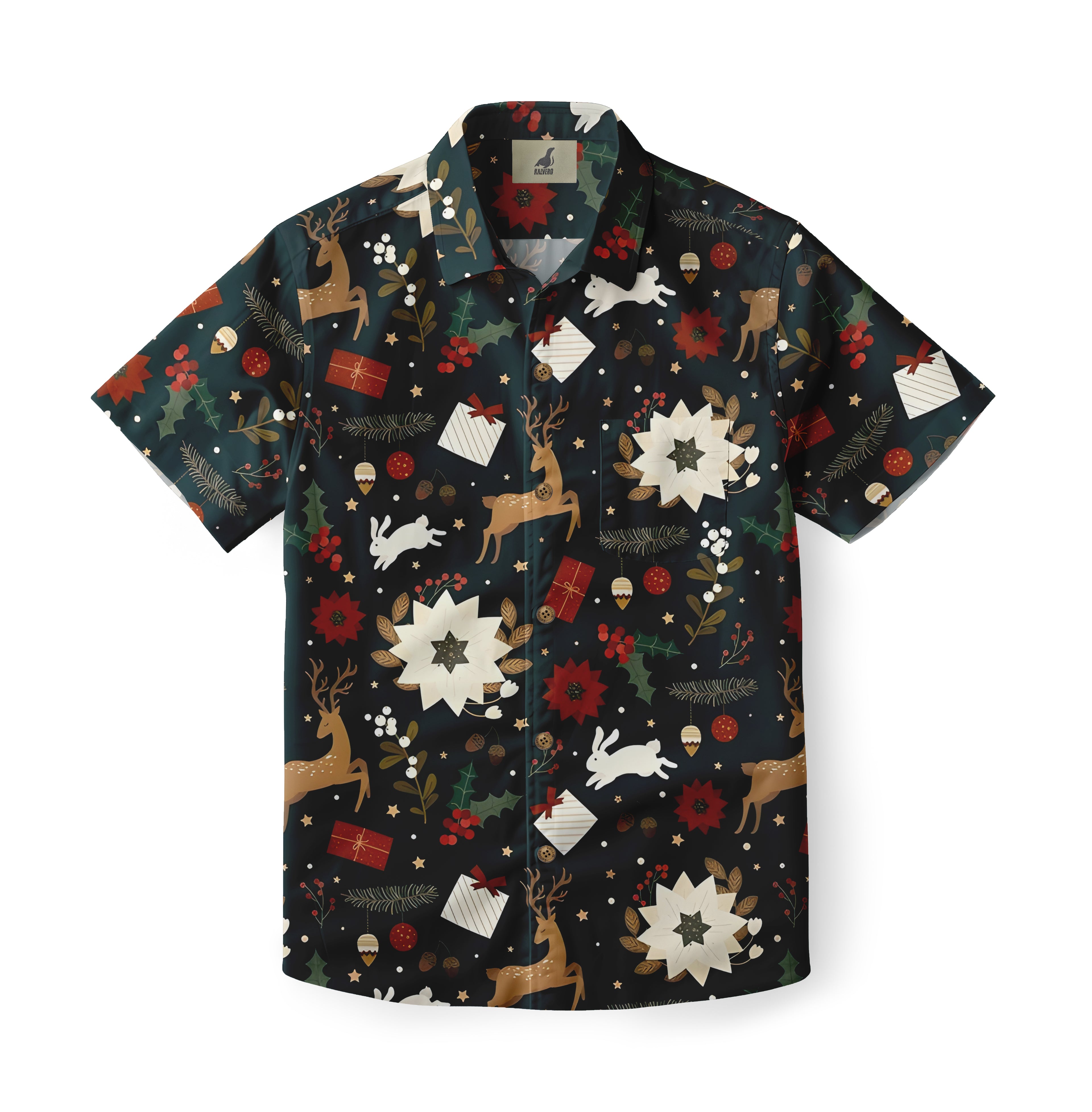 Christmas-themed short-sleeve shirt with reindeer, rabbits, gifts.