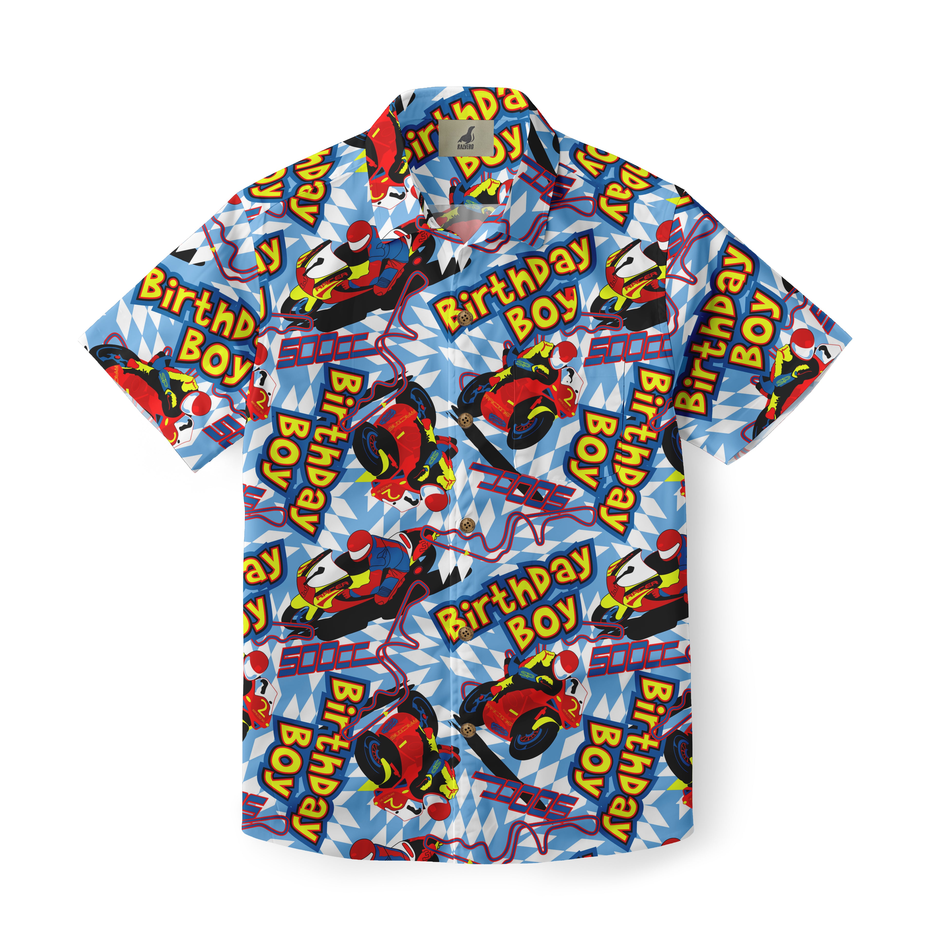 Blue shirt with "Birthday Boy" text and race car design.