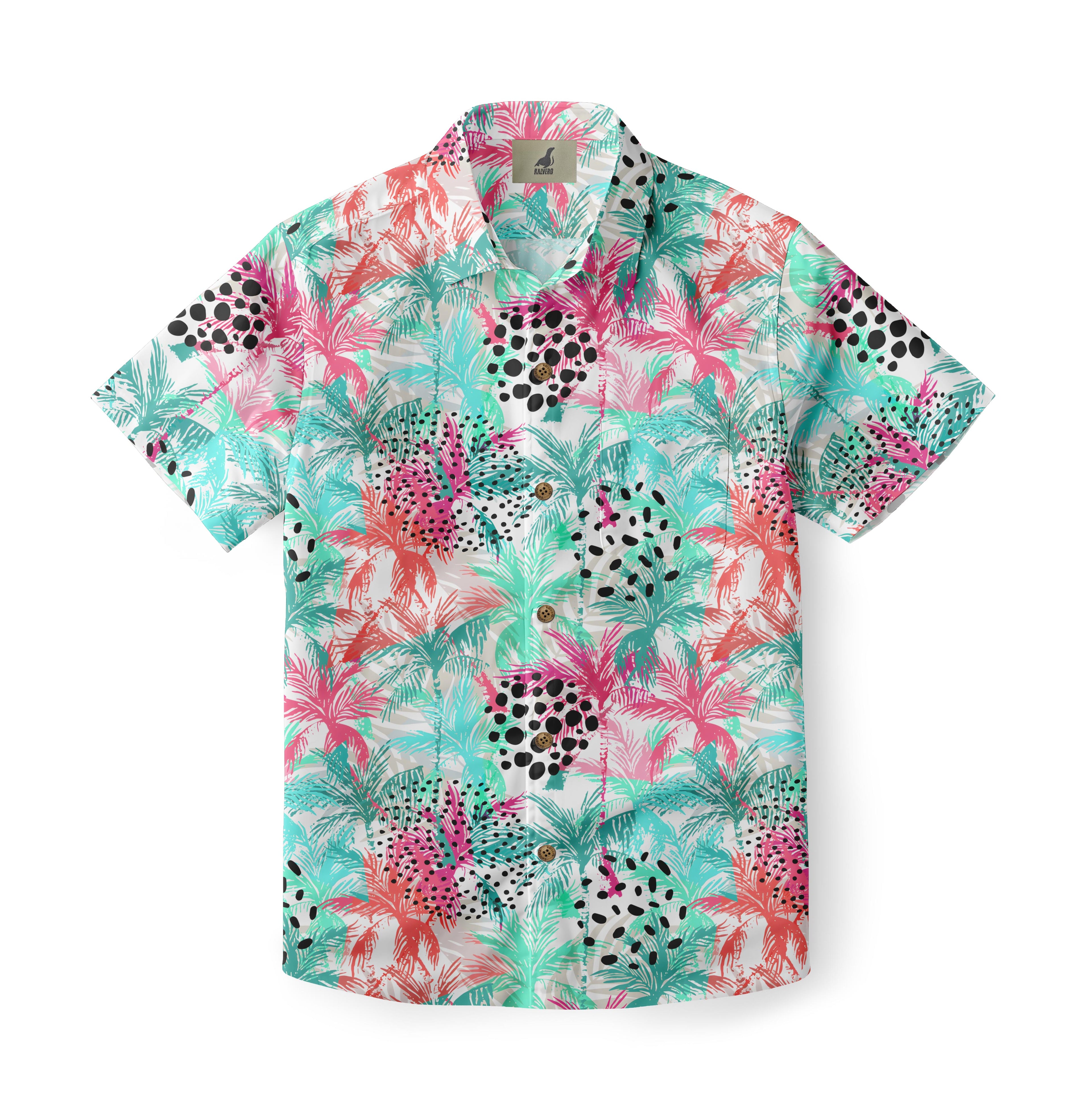 Colorful tropical print shirt with palm trees and polka dots.