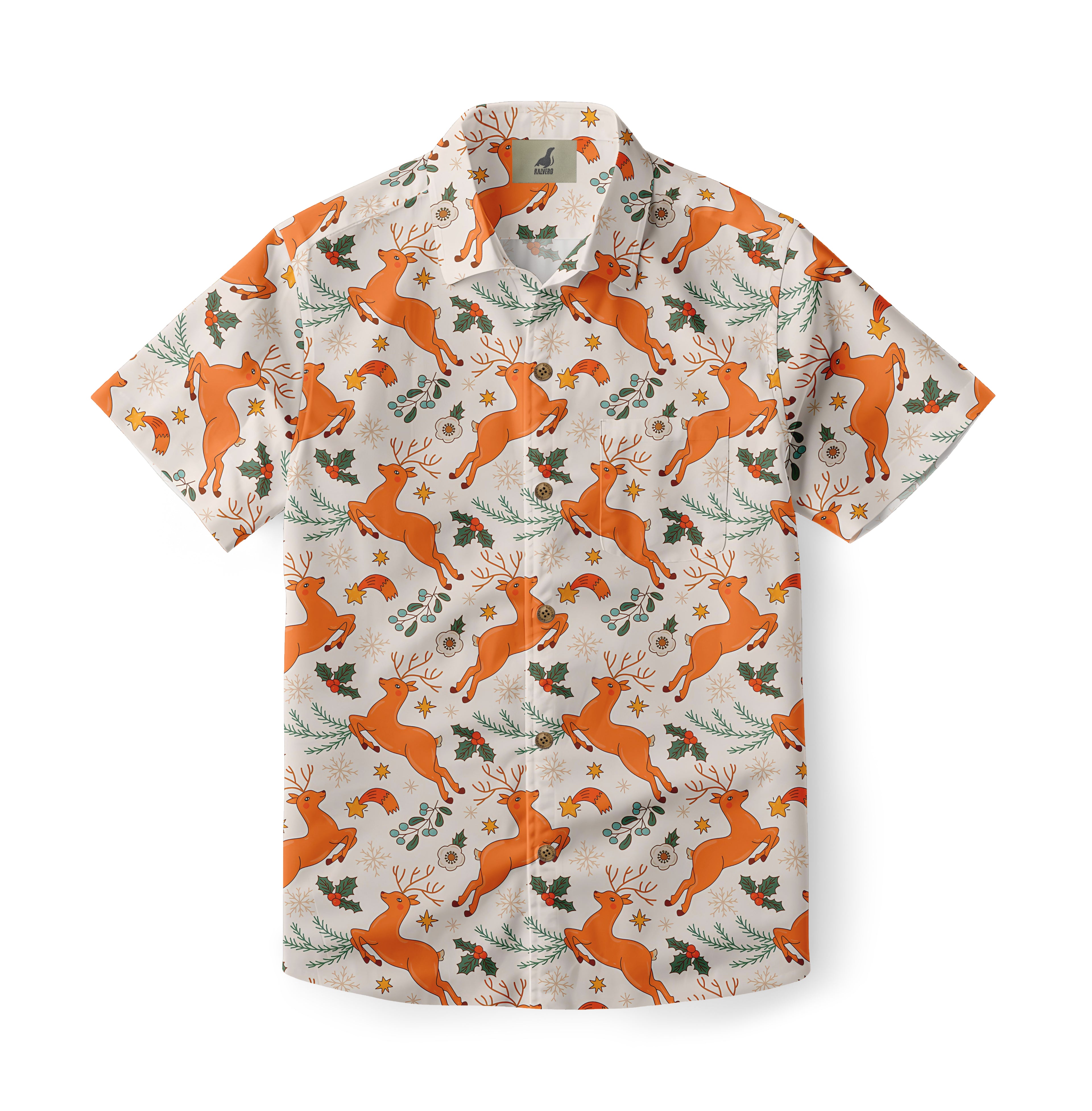 White short-sleeve shirt with orange reindeer, holly, and stars.