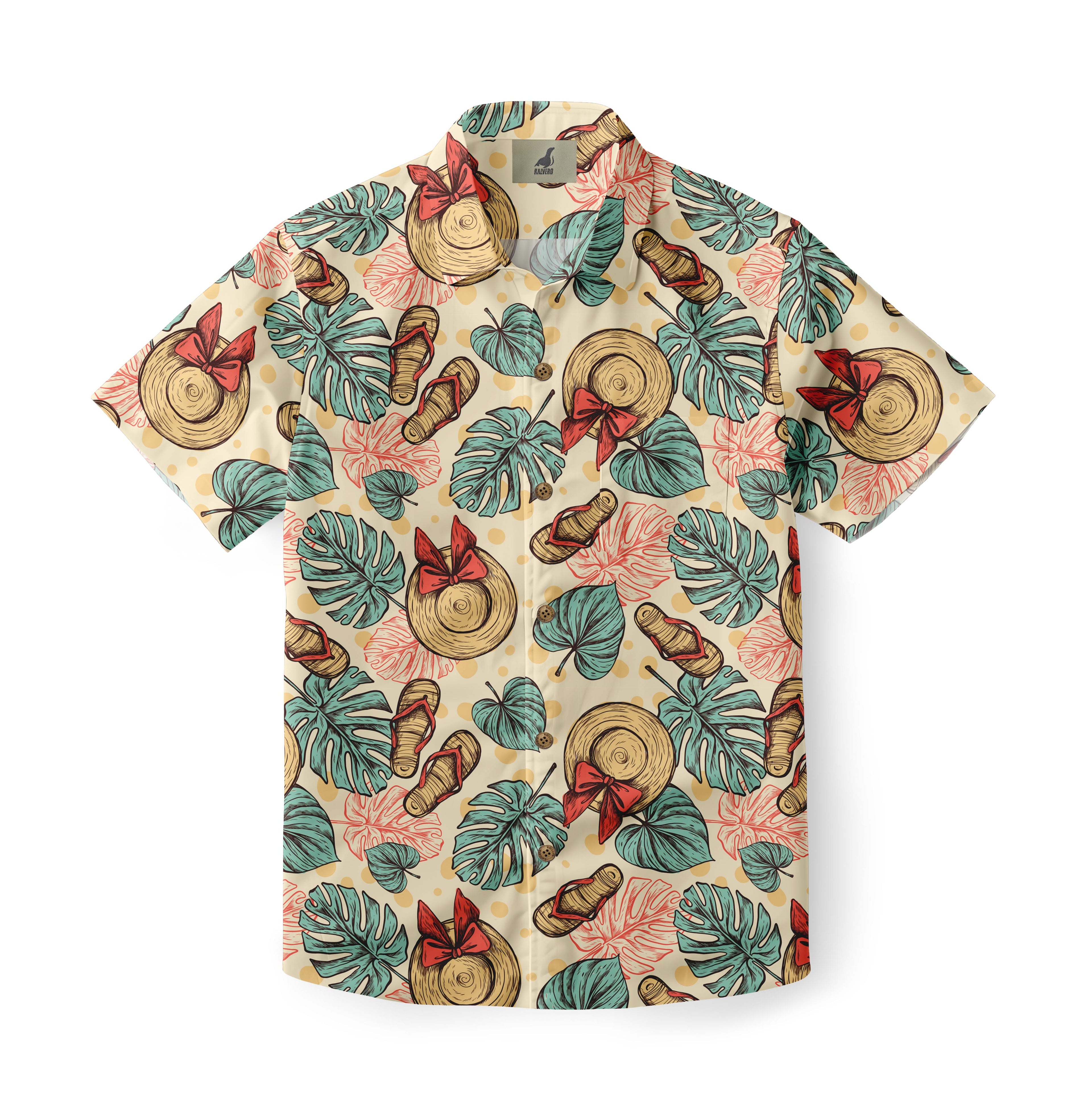 Beige shirt with straw hats, red bows, flip-flops, and green leaves.
