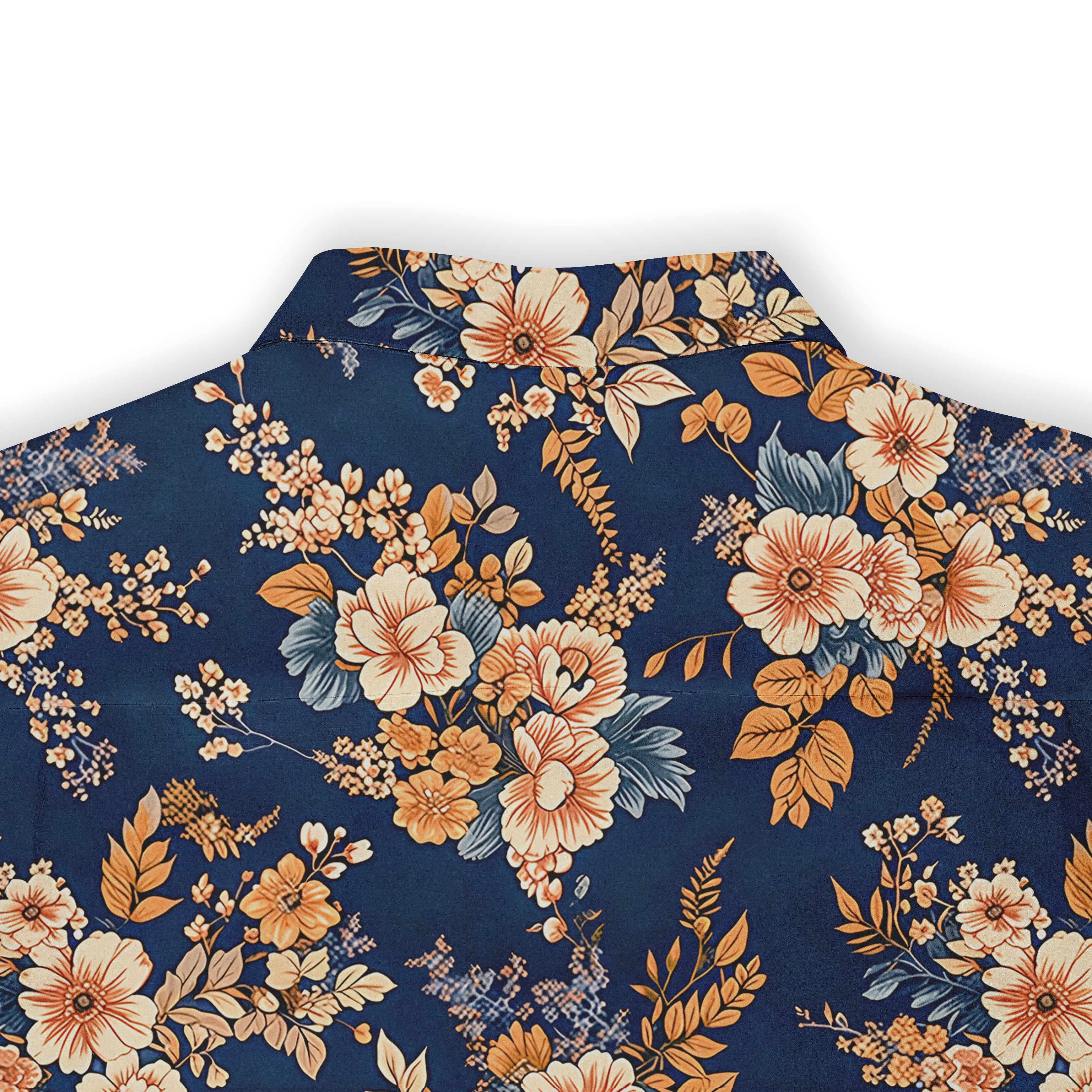 Navy blue shirt with vibrant floral pattern featuring orange, cream.