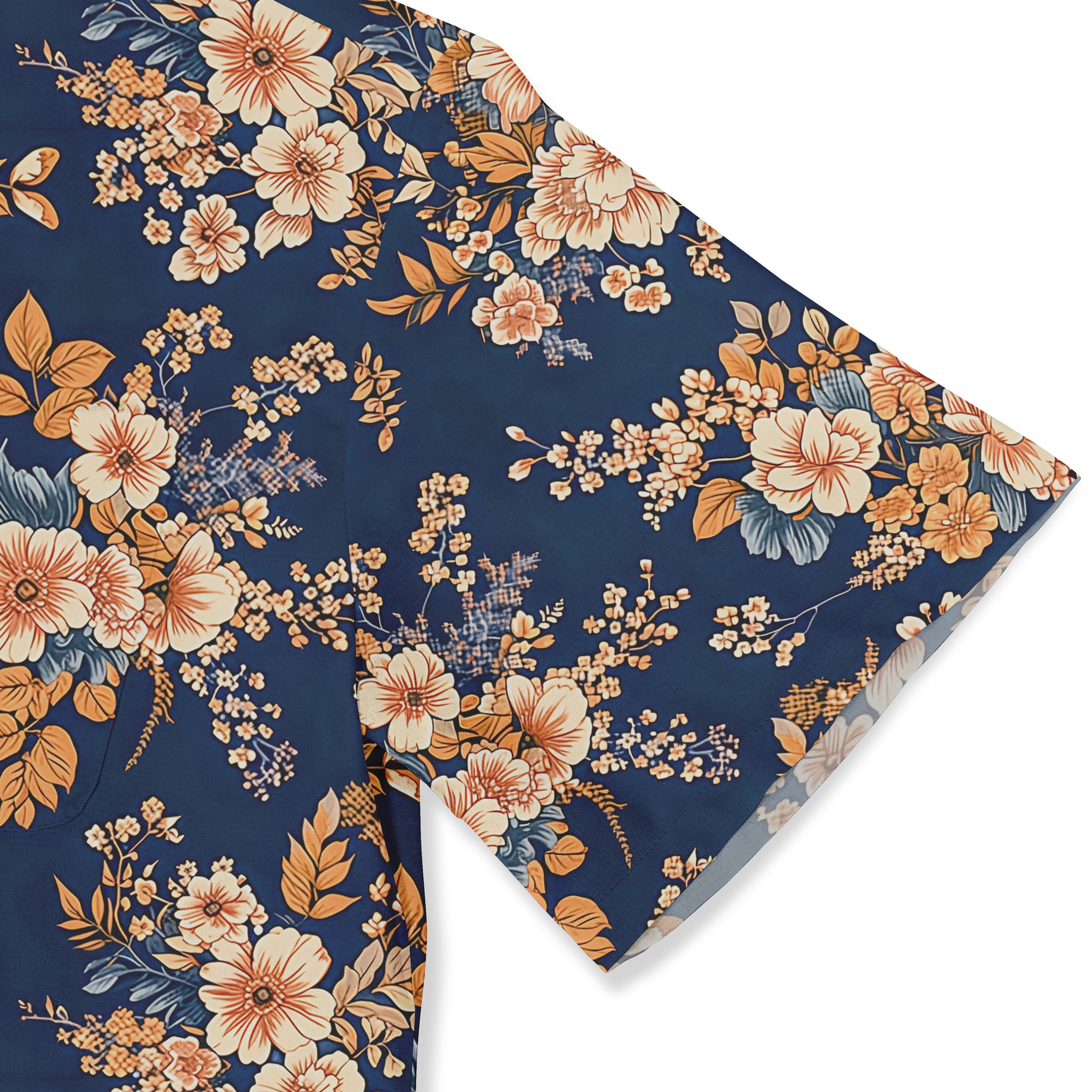 Navy blue floral fabric with orange and cream flowers, detailed.