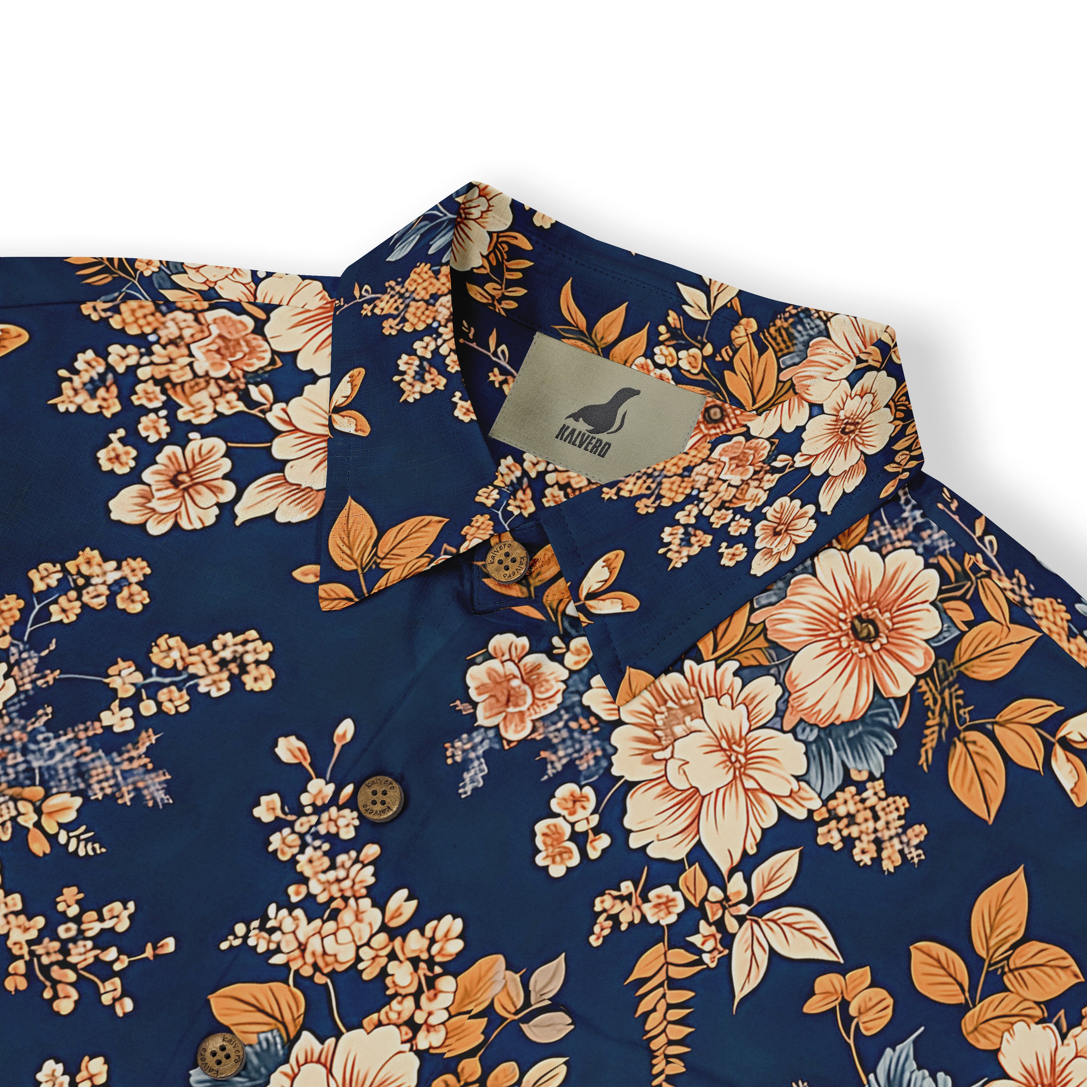 Navy blue floral shirt with orange and cream flowers, featuring.