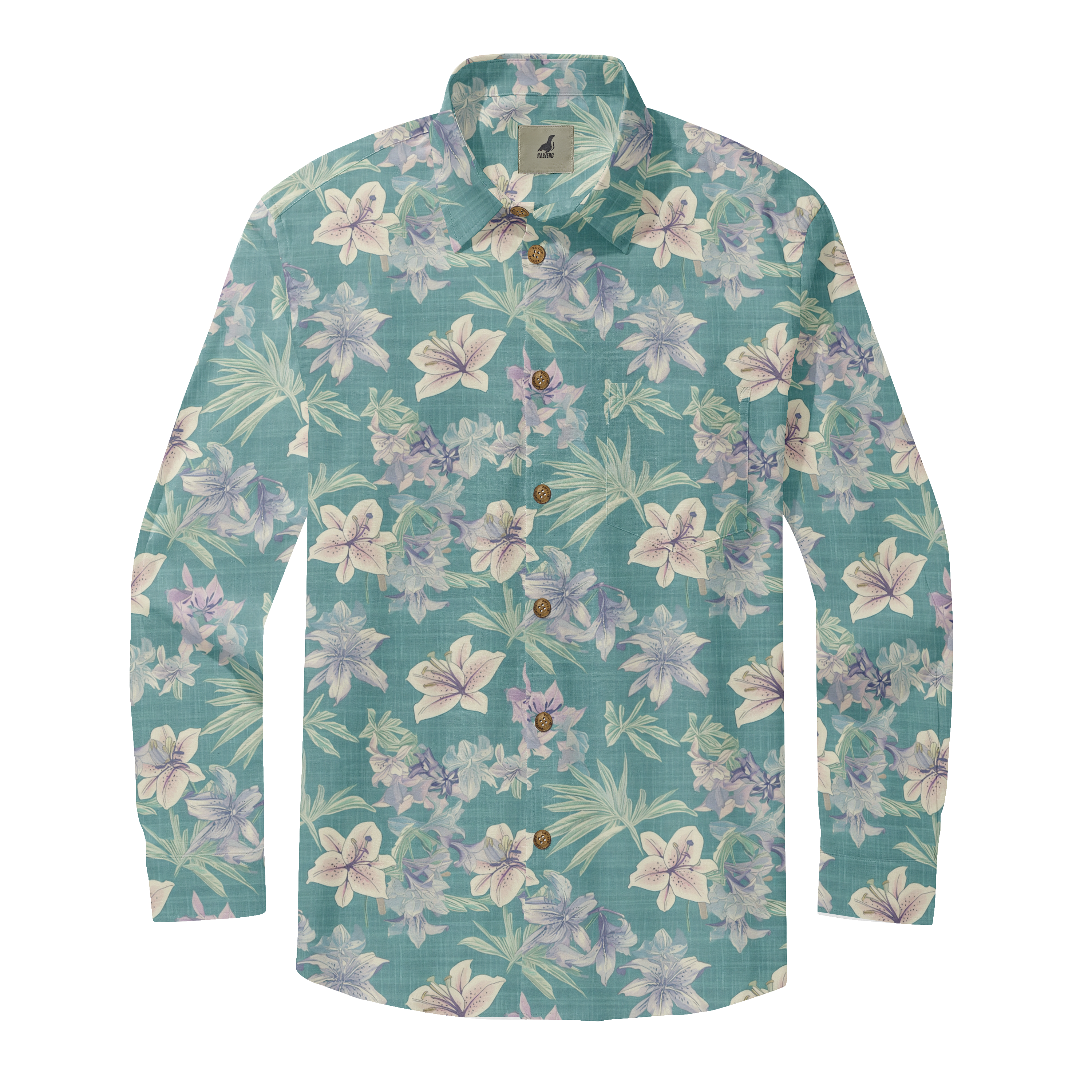 Teal floral shirt with white and purple flowers, green leaves, gold.