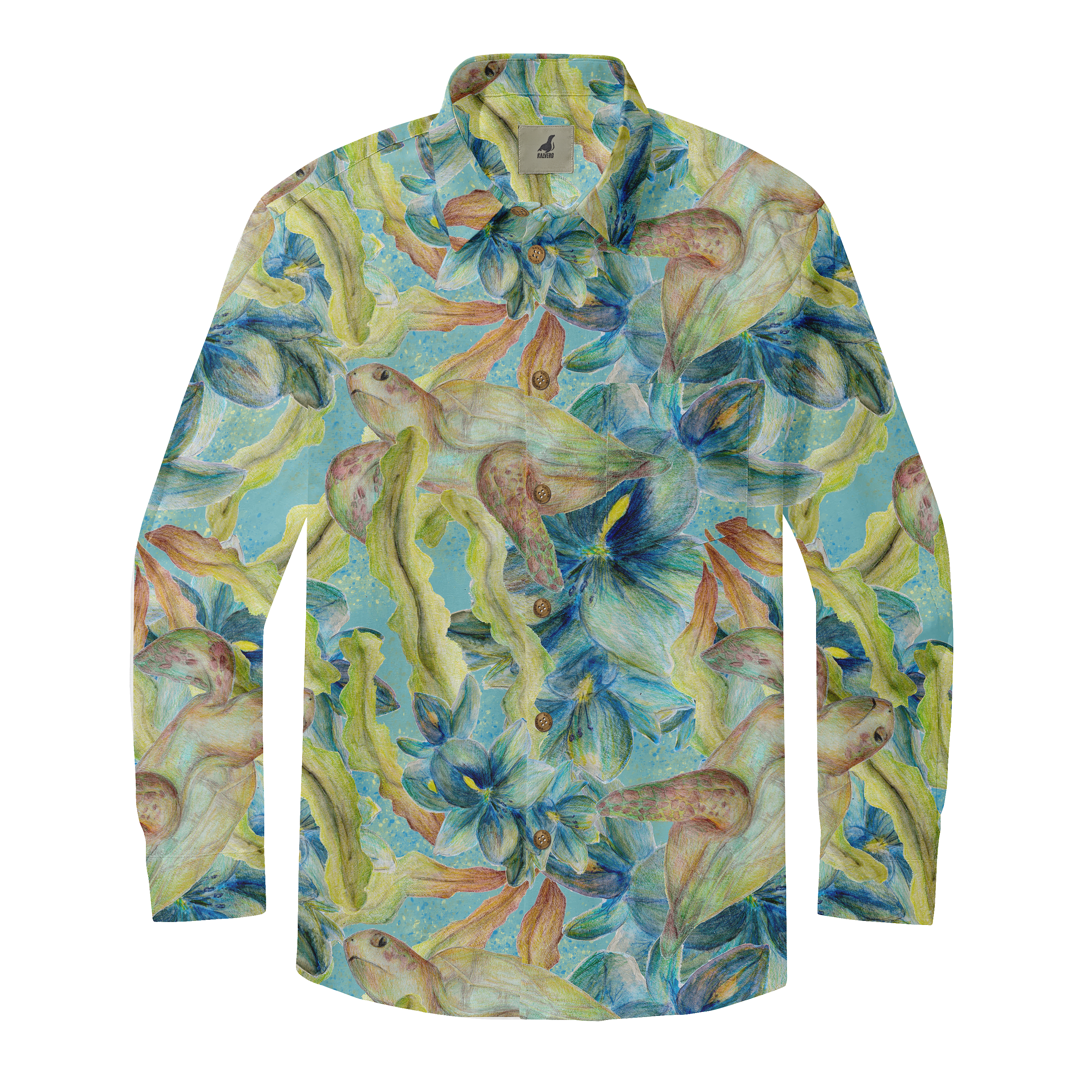 Colorful floral shirt with turtle design, blue and yellow tones.
