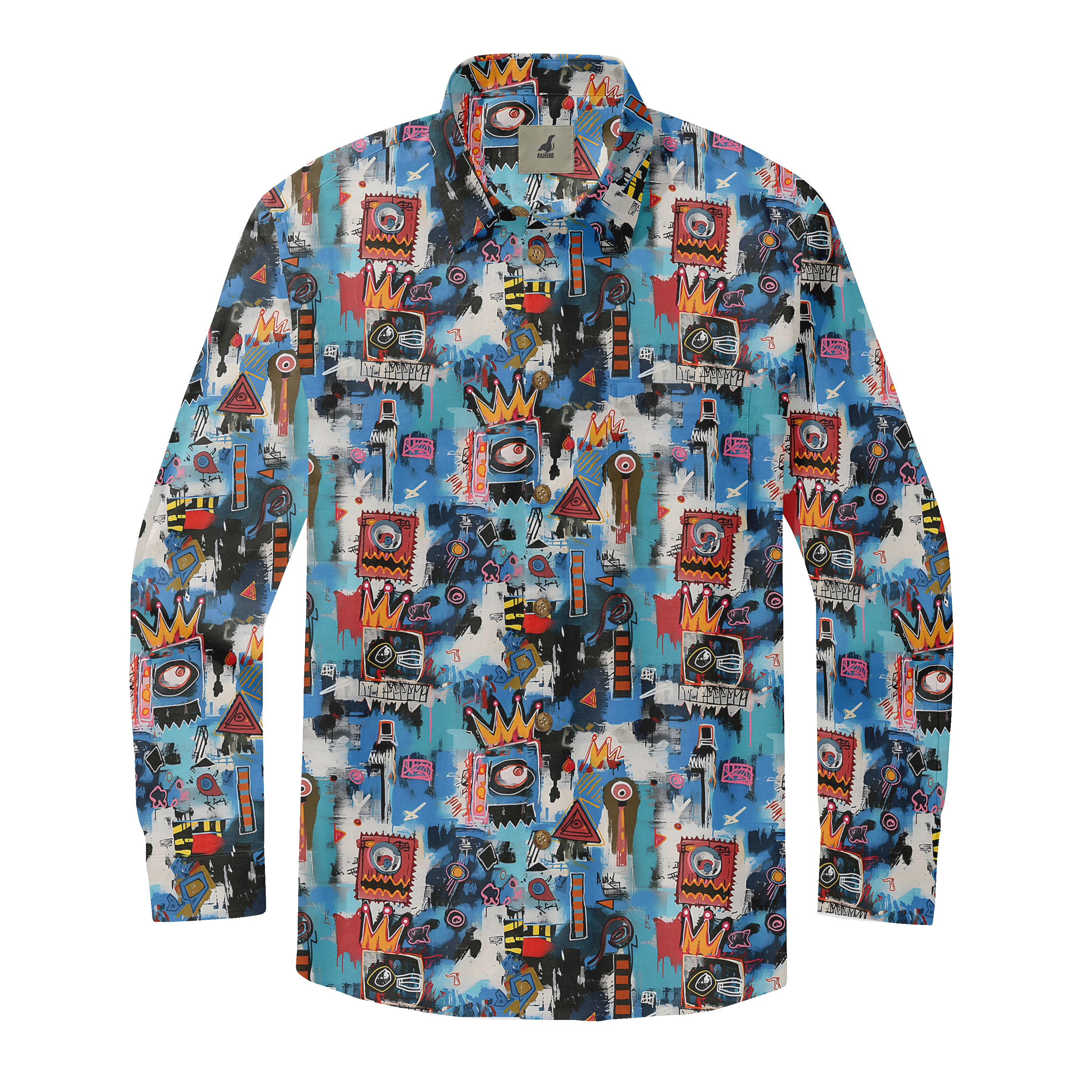 Vibrant, abstract-patterned long-sleeve shirt with bold colors.