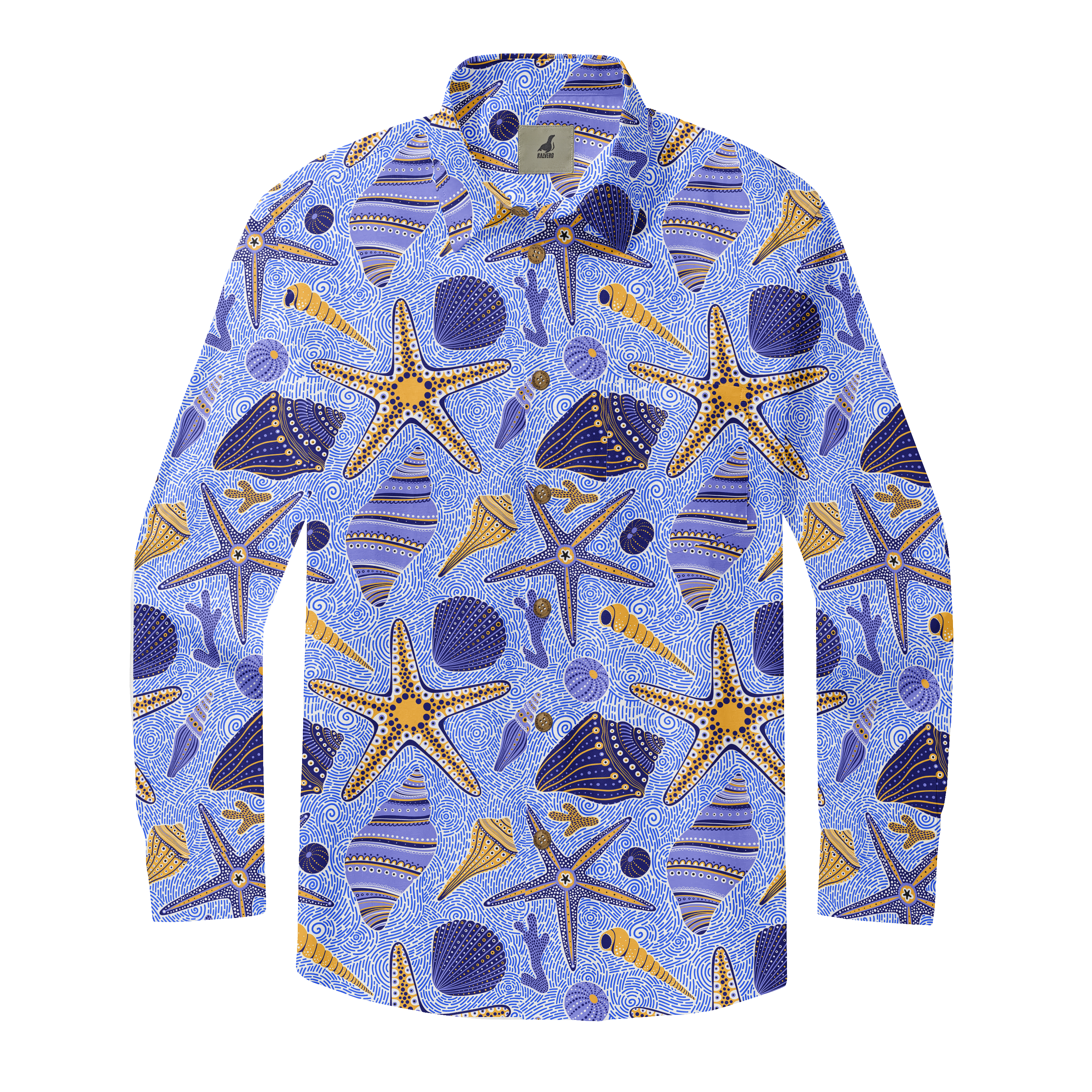 Blue shirt with sea-themed pattern: stars, shells.